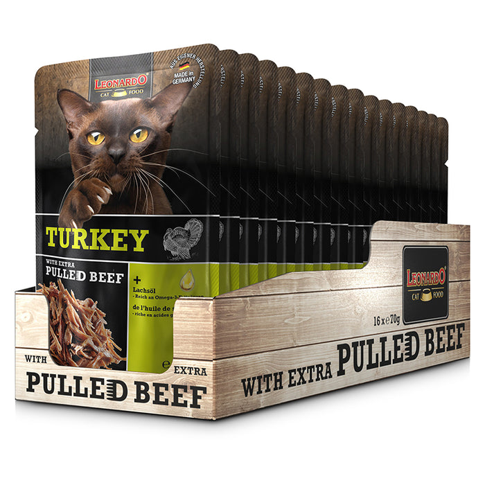 LEONARDO Turkey + extra pulled Beef – Nassfutter für Katzen (Frischebeutel)
