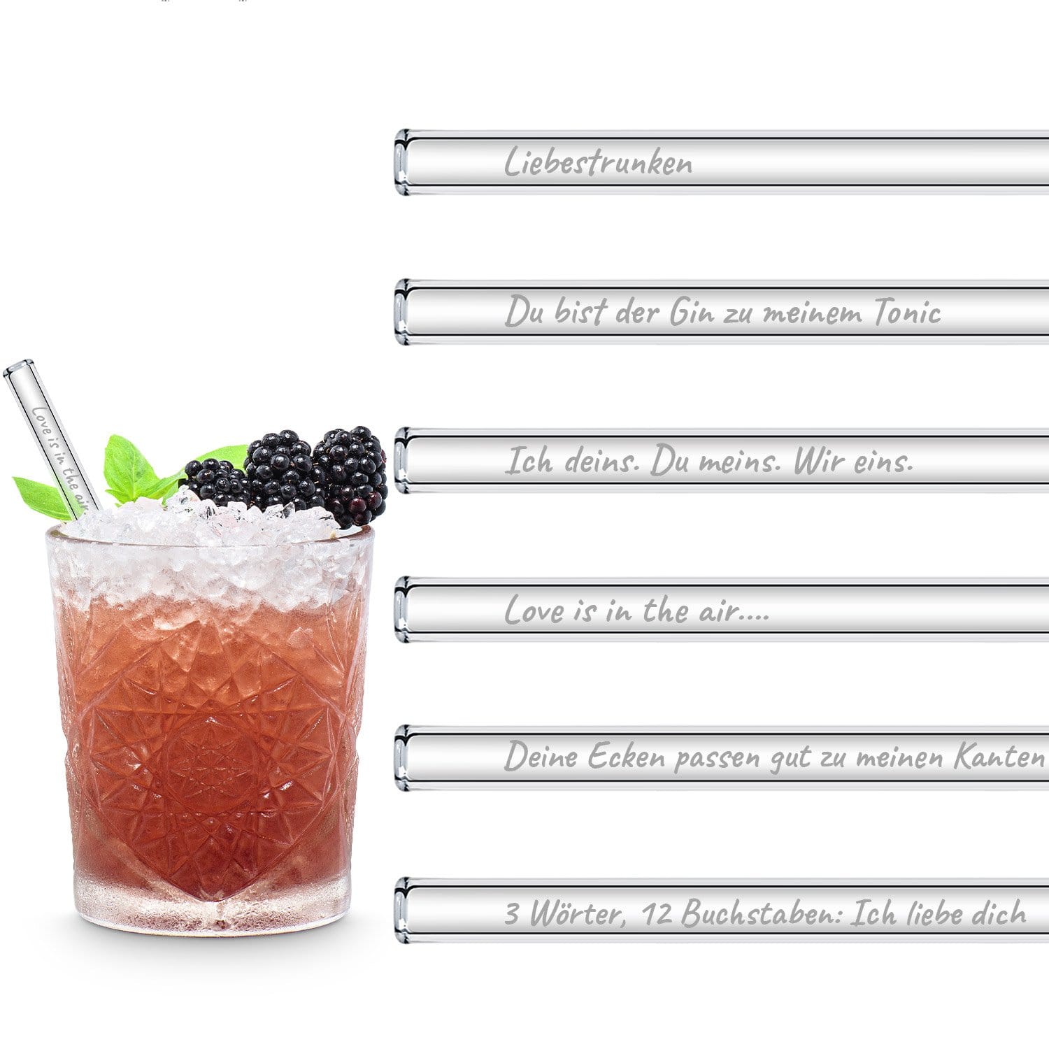 Liebessprüche Edition gravierte Glastrinkhalme mit Sprüchen für die Liebe - 6 Stück