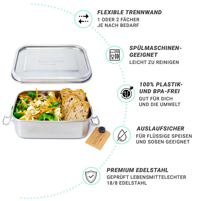 Lunchbox Classic Auslaufsichere Edelstahl Brotdose Mit Flexibler Trennwand Und 2 Fächern 800 Ml Fassungsvermögen