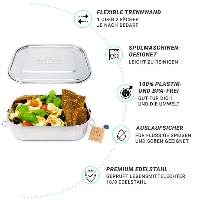 Lunchbox Classic XL Auslaufsichere Edelstahl Brotdose Mit Flexibler Trennwand Und Zwei Fächern 1400 Ml Fassungsvermögen