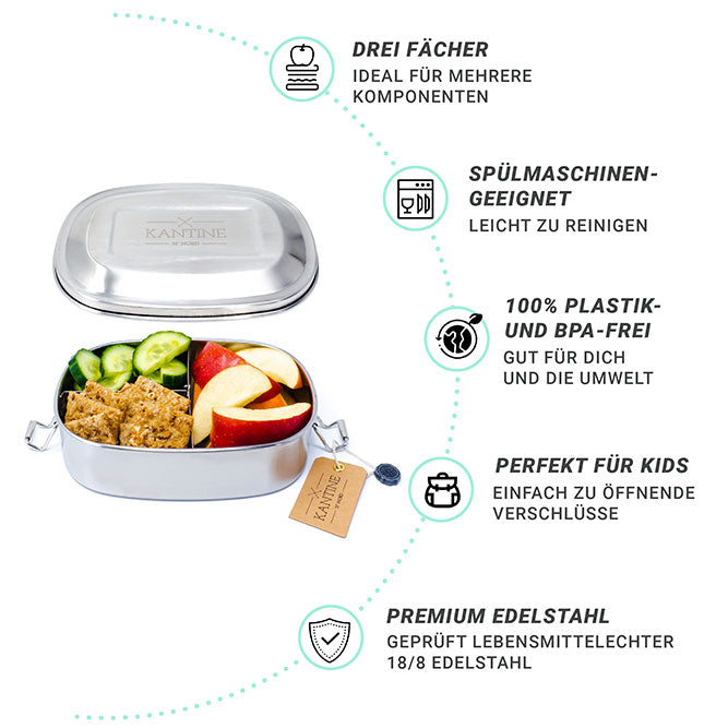 Edelstahl Lunchbox Maya III Mit Fester Trennwand Und Drei Fächer 500ml Clipverschluss Für Kinder
