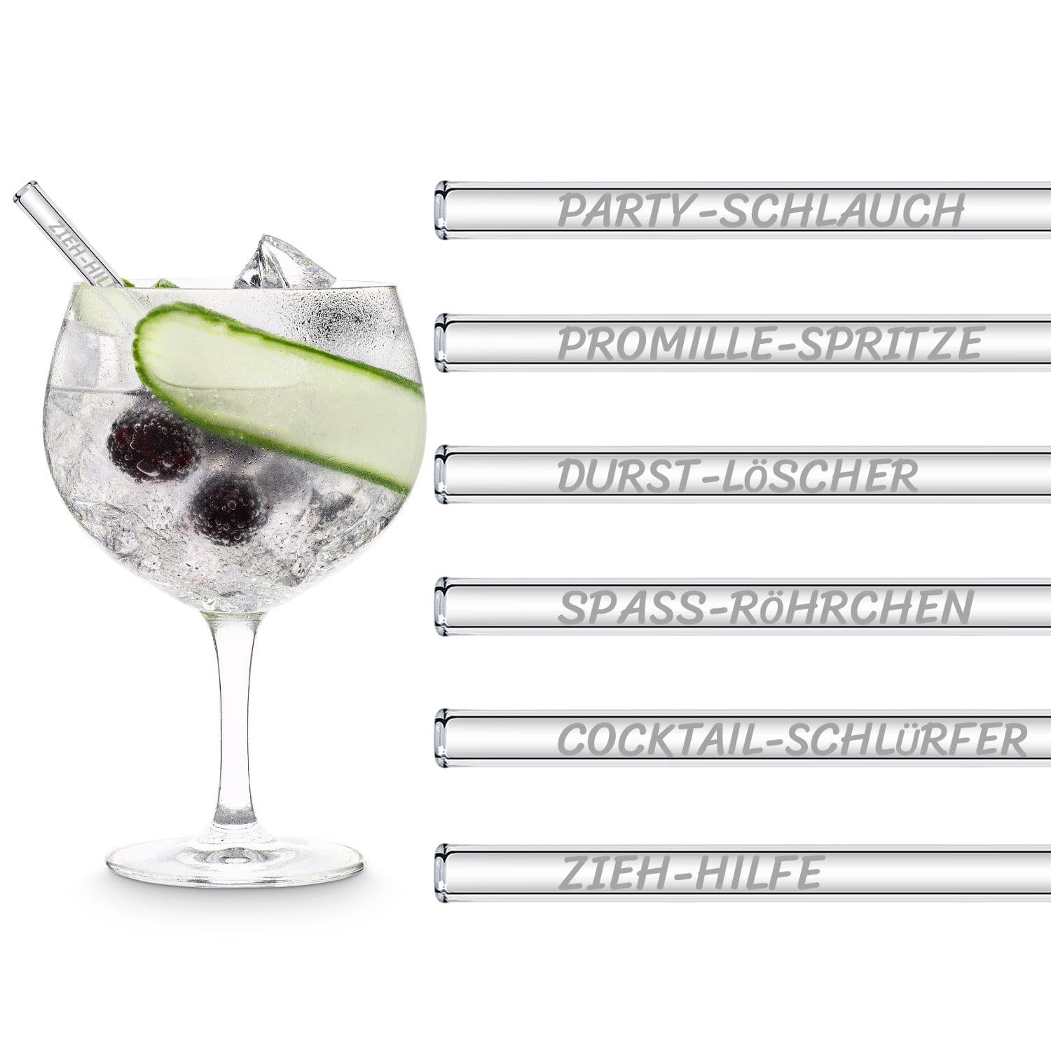 Lustige Strohhalm Namen Edition 6x Glastrinkhalme für Party Cocktails - 15cm, 20cm, 23cm