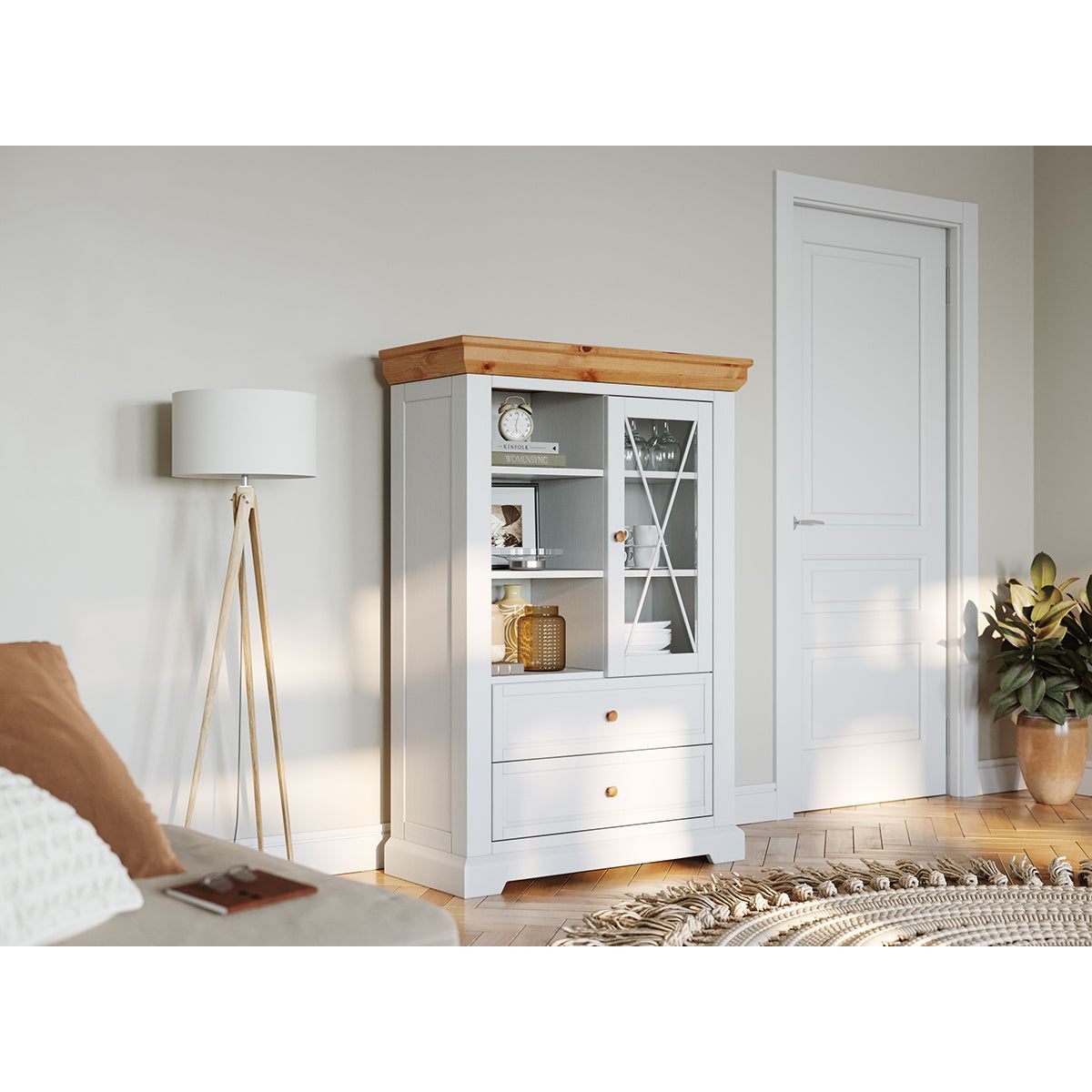 Milano Elite Massivholz Kiefer Vitrine 1.3 | Farbe Weiß/Kiefer