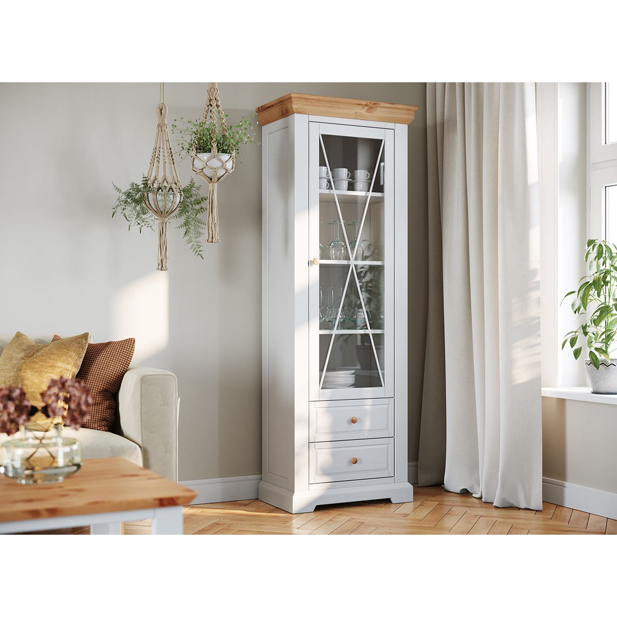 Milano Elite Massivholz Kiefer Schubladen Vitrine 1-Türig | Farbe Weiß/Kiefer