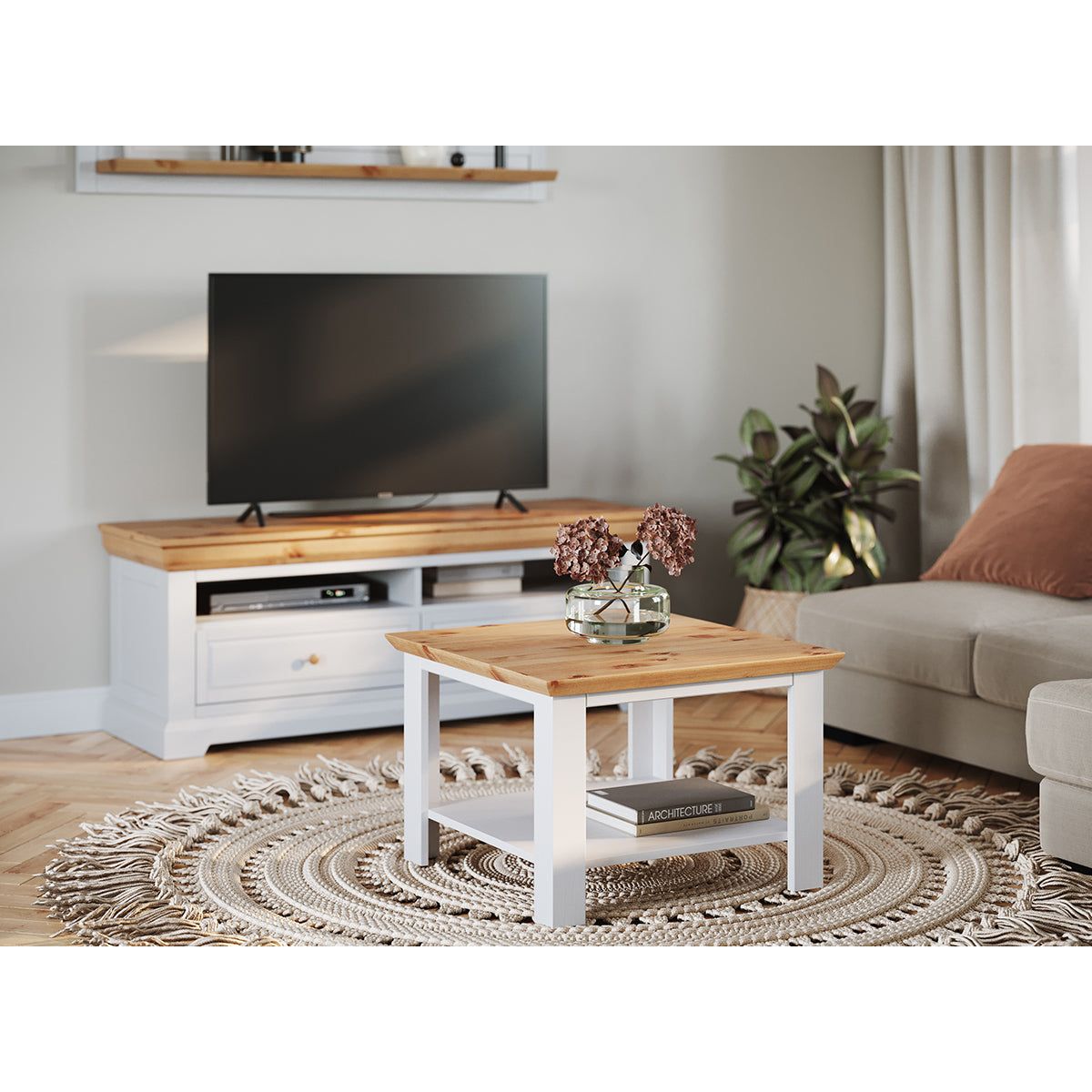 Milano Elite Massivholz Kiefer Couchtisch | Farbe Weiß/Kiefer