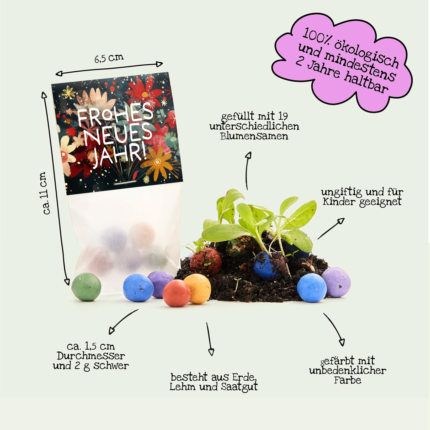 10x5 Blumenmurmeln im Tütchen "Frohes Neues Jahr"