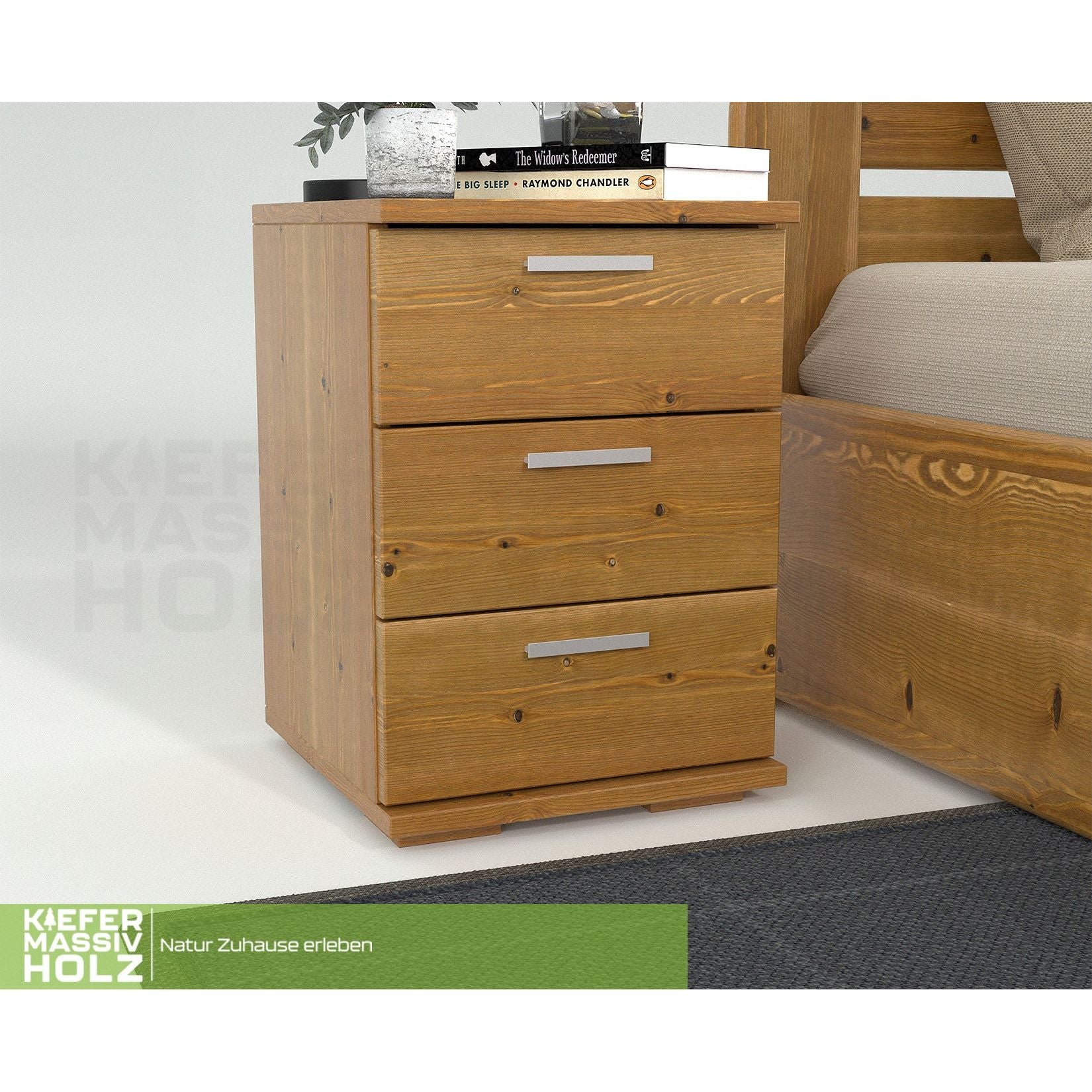 Nobis Kiefer Massivholz Nachttisch Nachtschrank | 3-Schubladen | 100% Bio Kiefer