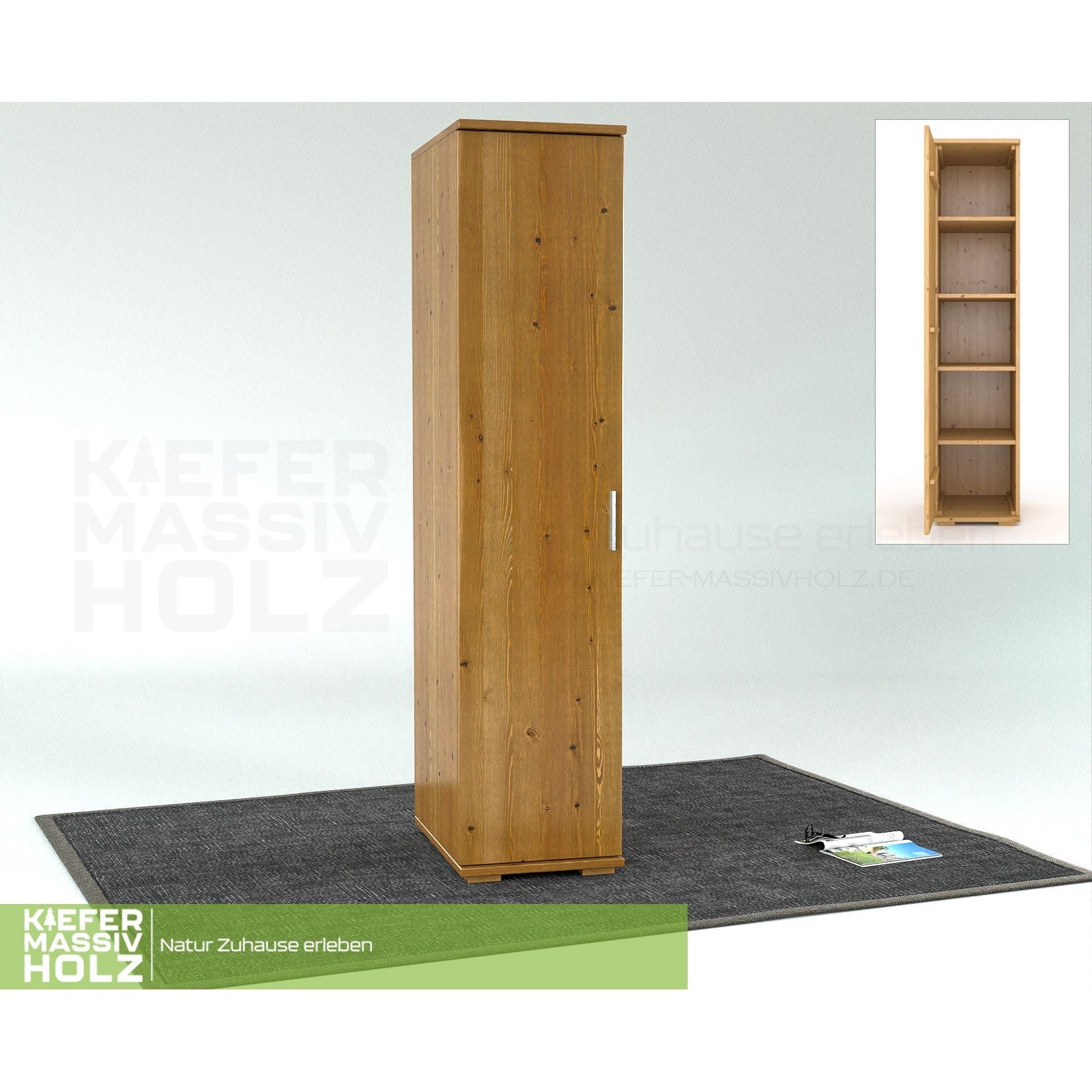 Nobis Kleiderschrank | 59 cm Tiefe 1-Türig mit Kleiderstange | 100% Bio Kiefer Massivholz