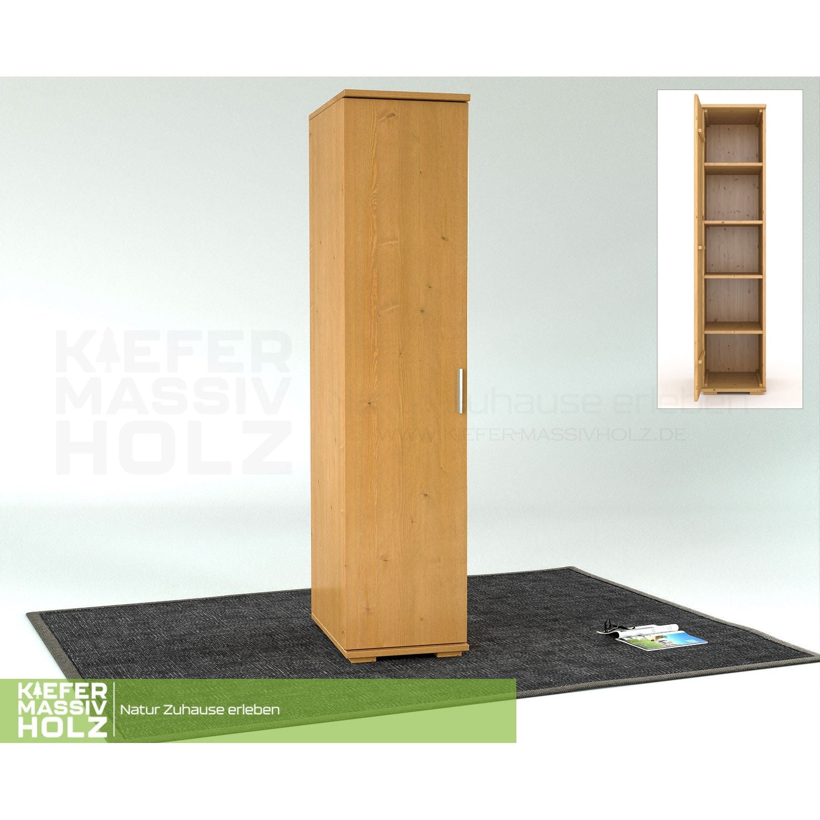 Nobis Kleiderschrank | 42 cm Tiefe 1-Türig mit Kleiderstange | 100% Bio Kiefer Massivholz