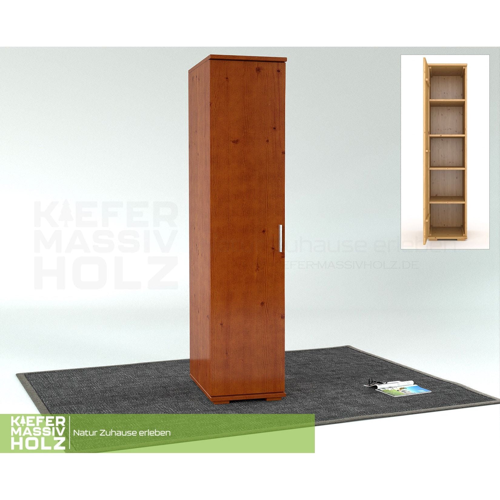 Nobis Kleiderschrank | 42 cm Tiefe 1-Türig mit Regale | 100% Bio Kiefer Massivholz