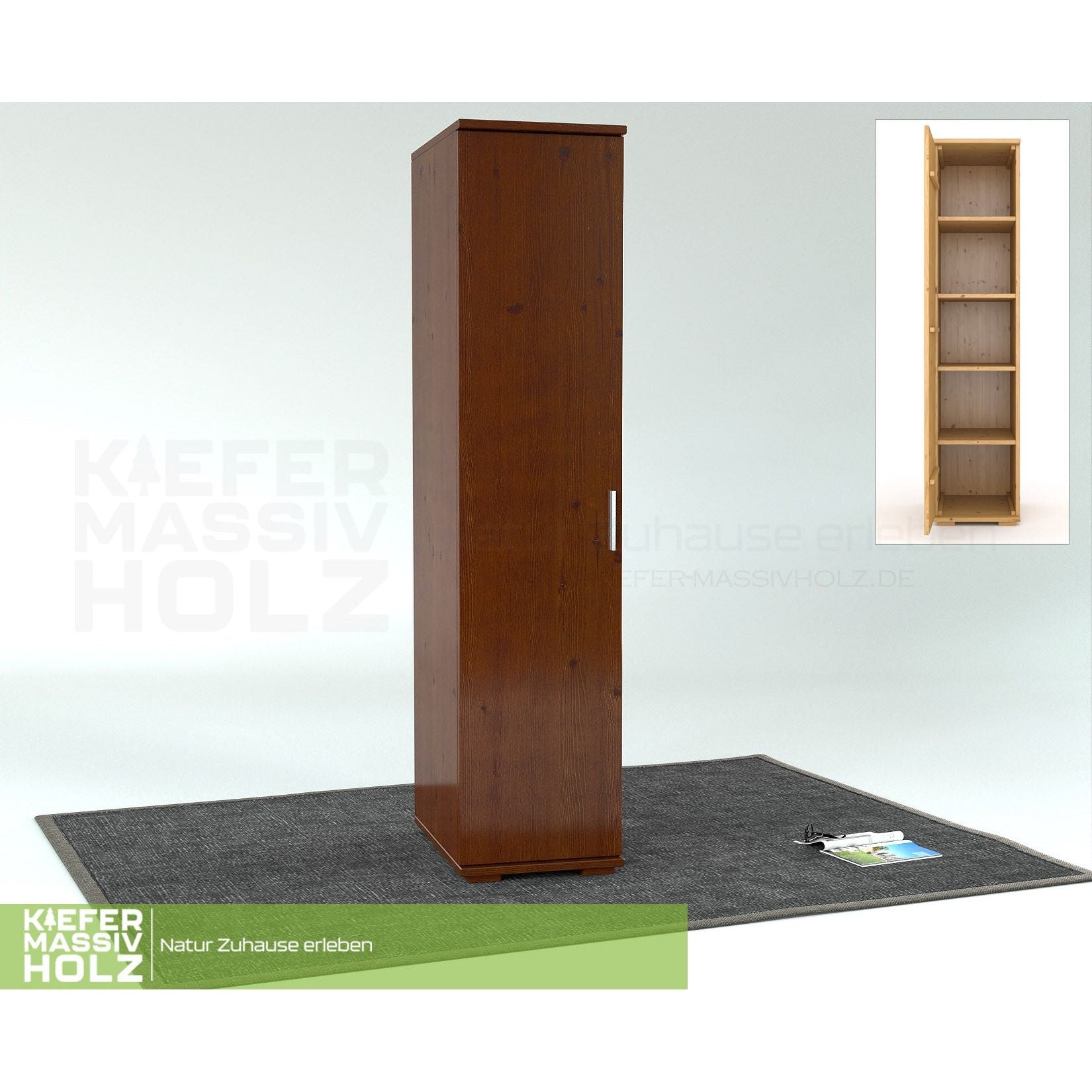 Nobis Kleiderschrank | 59 cm Tiefe 1-Türig mit Regale | 100% Bio Kiefer Massivholz