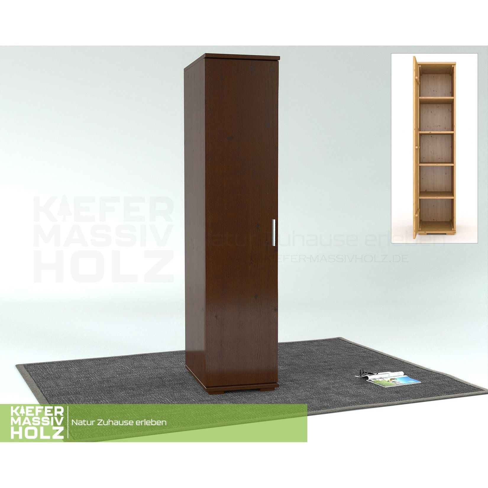 Nobis Kleiderschrank | 59 cm Tiefe 1-Türig mit Kleiderstange | 100% Bio Kiefer Massivholz