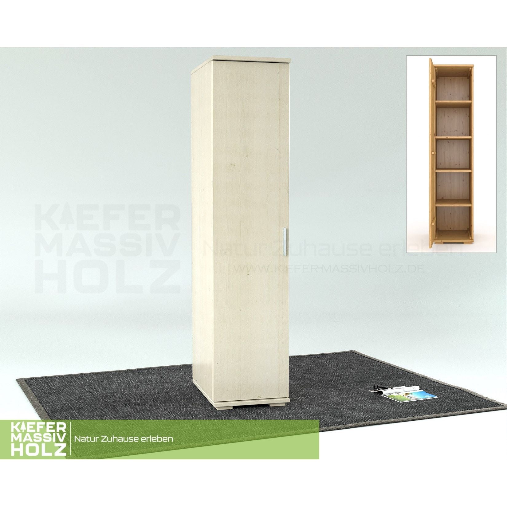 Nobis Kleiderschrank | 59 cm Tiefe 1-Türig mit Kleiderstange | 100% Bio Kiefer Massivholz