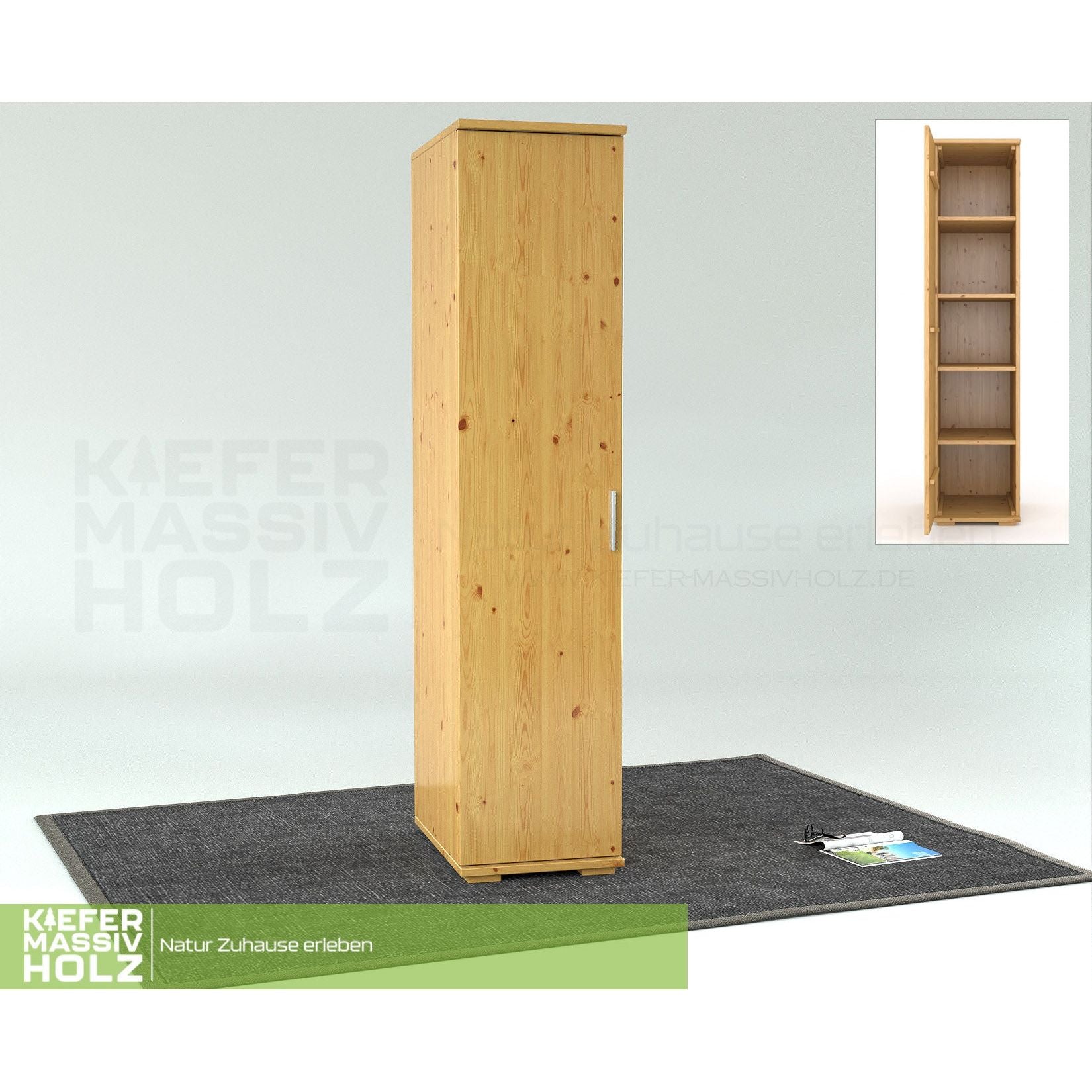 Nobis Kleiderschrank | 42 cm Tiefe 1-Türig mit Kleiderstange | 100% Bio Kiefer Massivholz