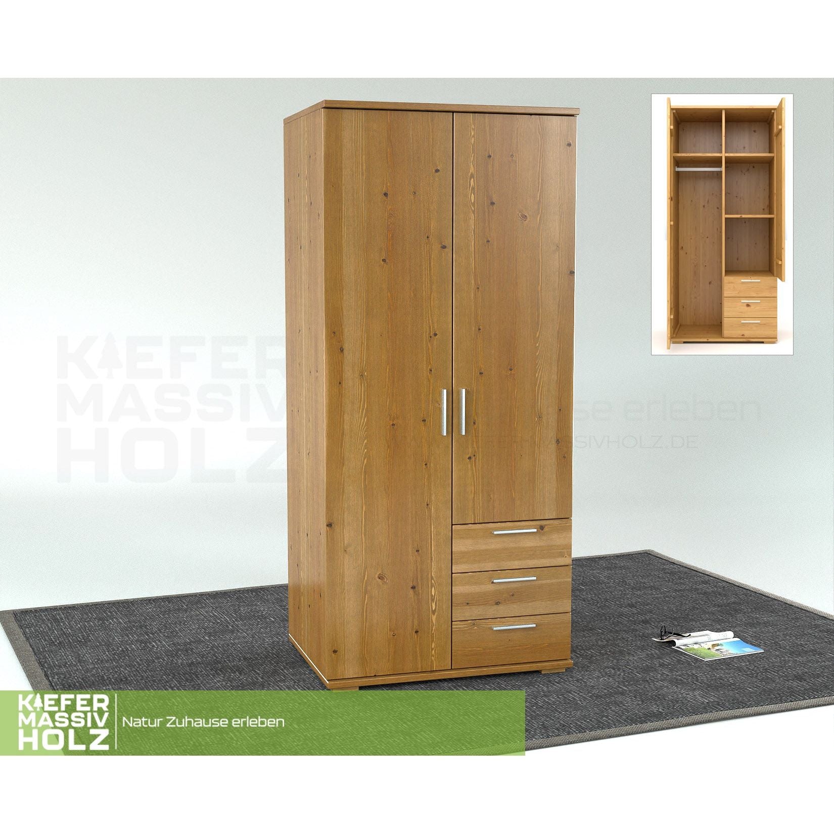 Nobis Kleiderschrank | 2-Türig mit Kleiderstange | 3-Schubladen | 100% Bio Kiefer Massivholz