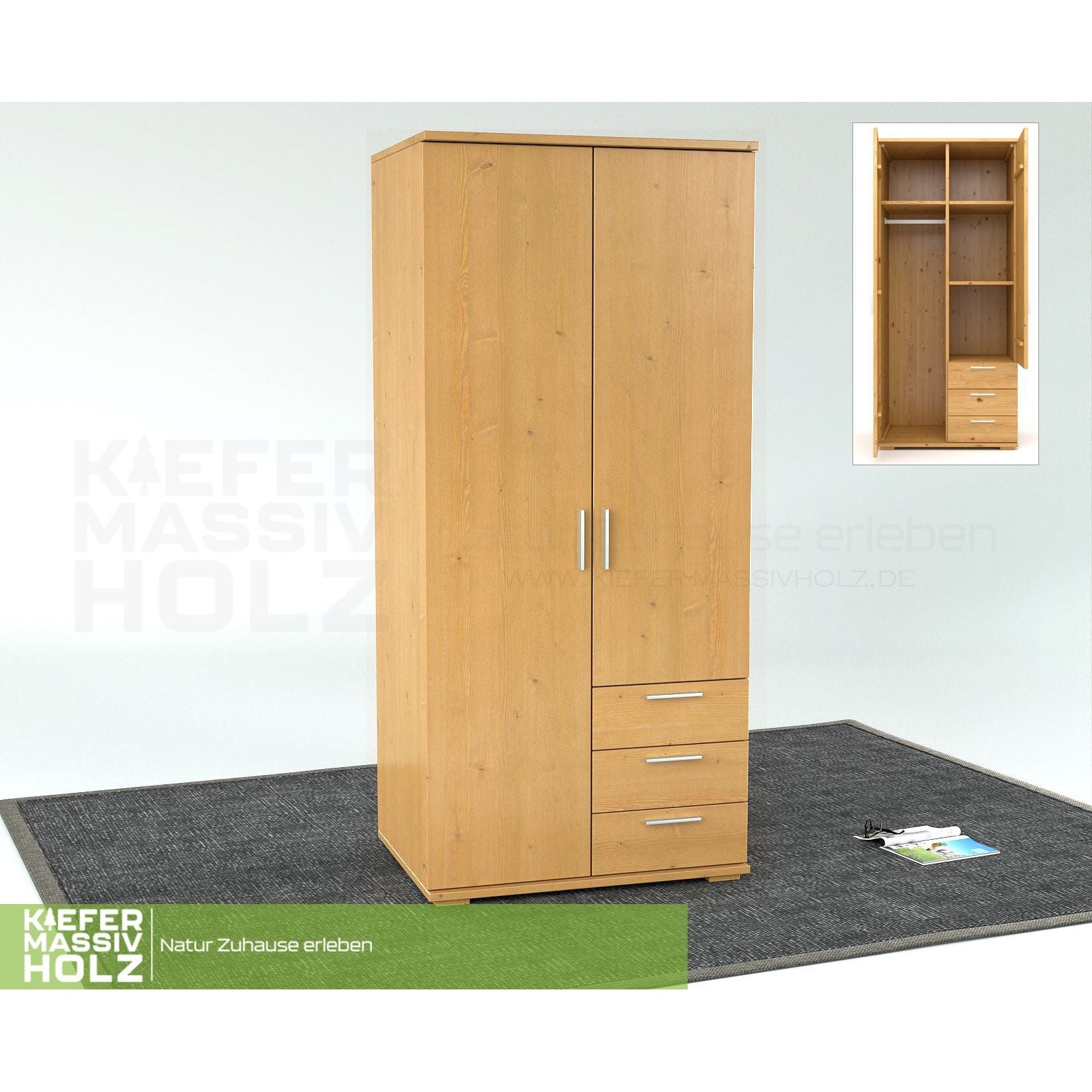 Nobis Kleiderschrank | 2-Türig mit Kleiderstange | 3-Schubladen | 100% Bio Kiefer Massivholz