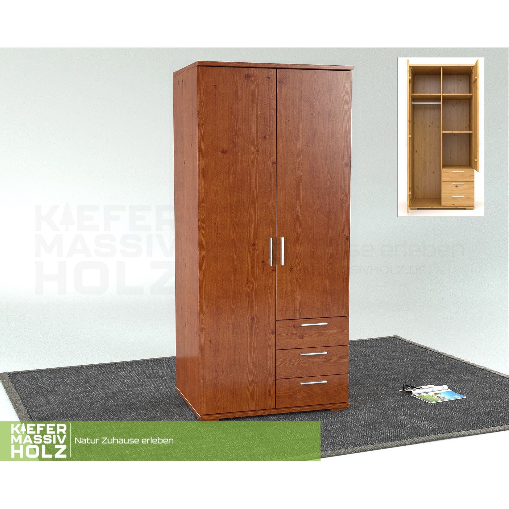 Nobis Kleiderschrank | 2-Türig mit Kleiderstange | 3-Schubladen | 100% Bio Kiefer Massivholz