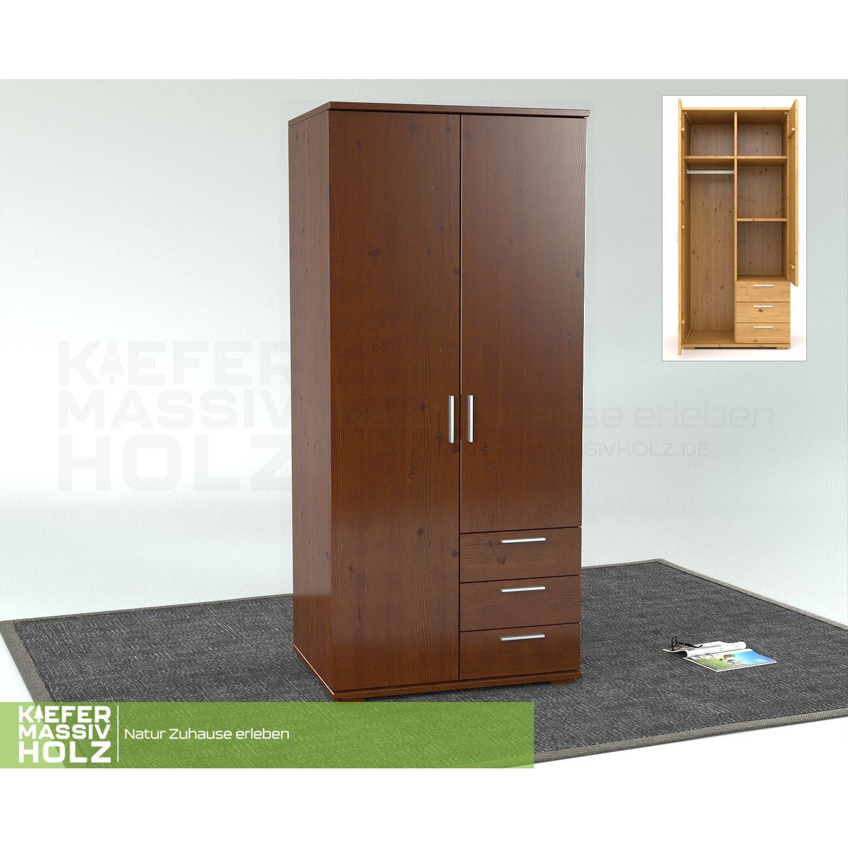 Nobis Kleiderschrank | 2-Türig mit Kleiderstange | 3-Schubladen | 100% Bio Kiefer Massivholz