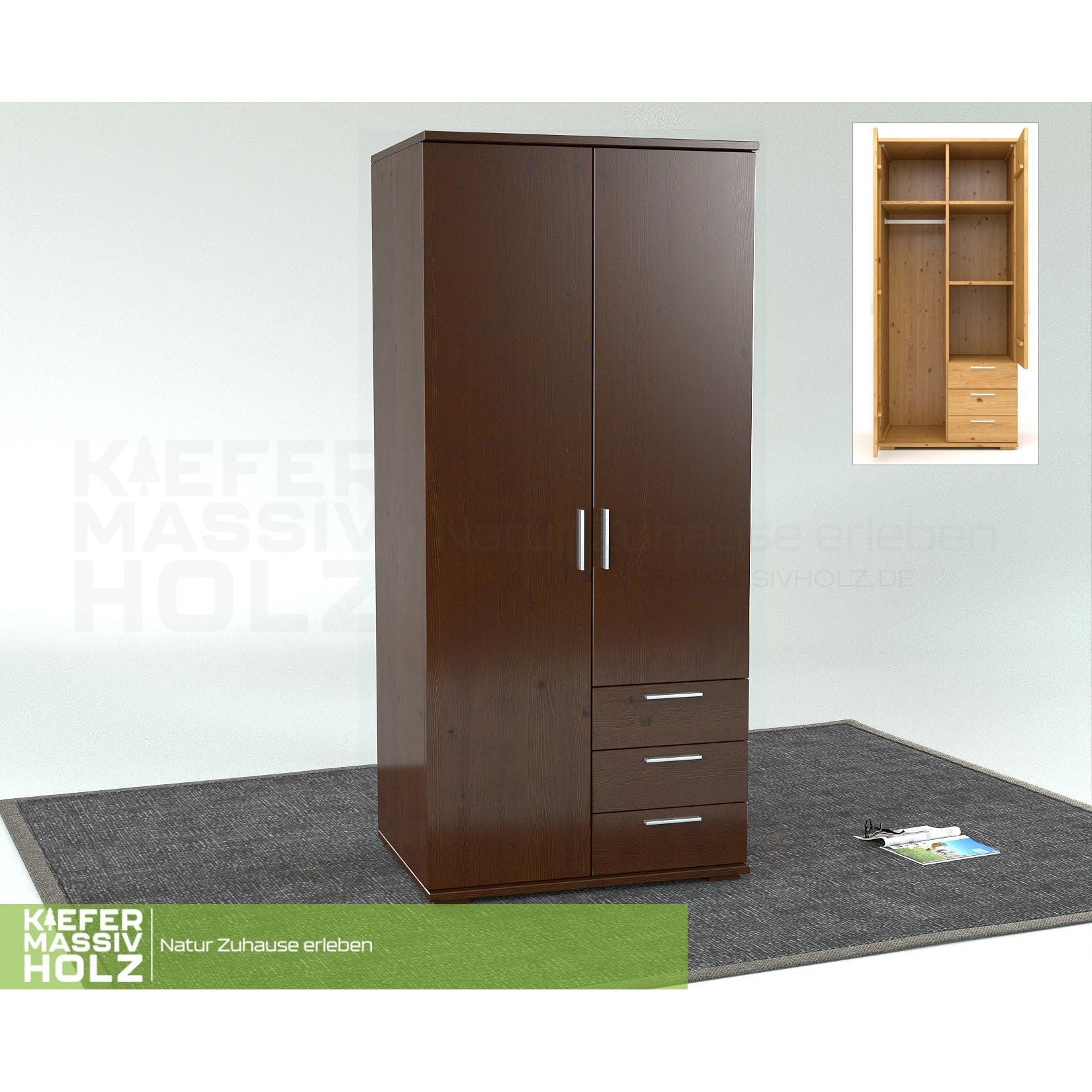 Nobis Kleiderschrank | 2-Türig mit Kleiderstange | 3-Schubladen | 100% Bio Kiefer Massivholz