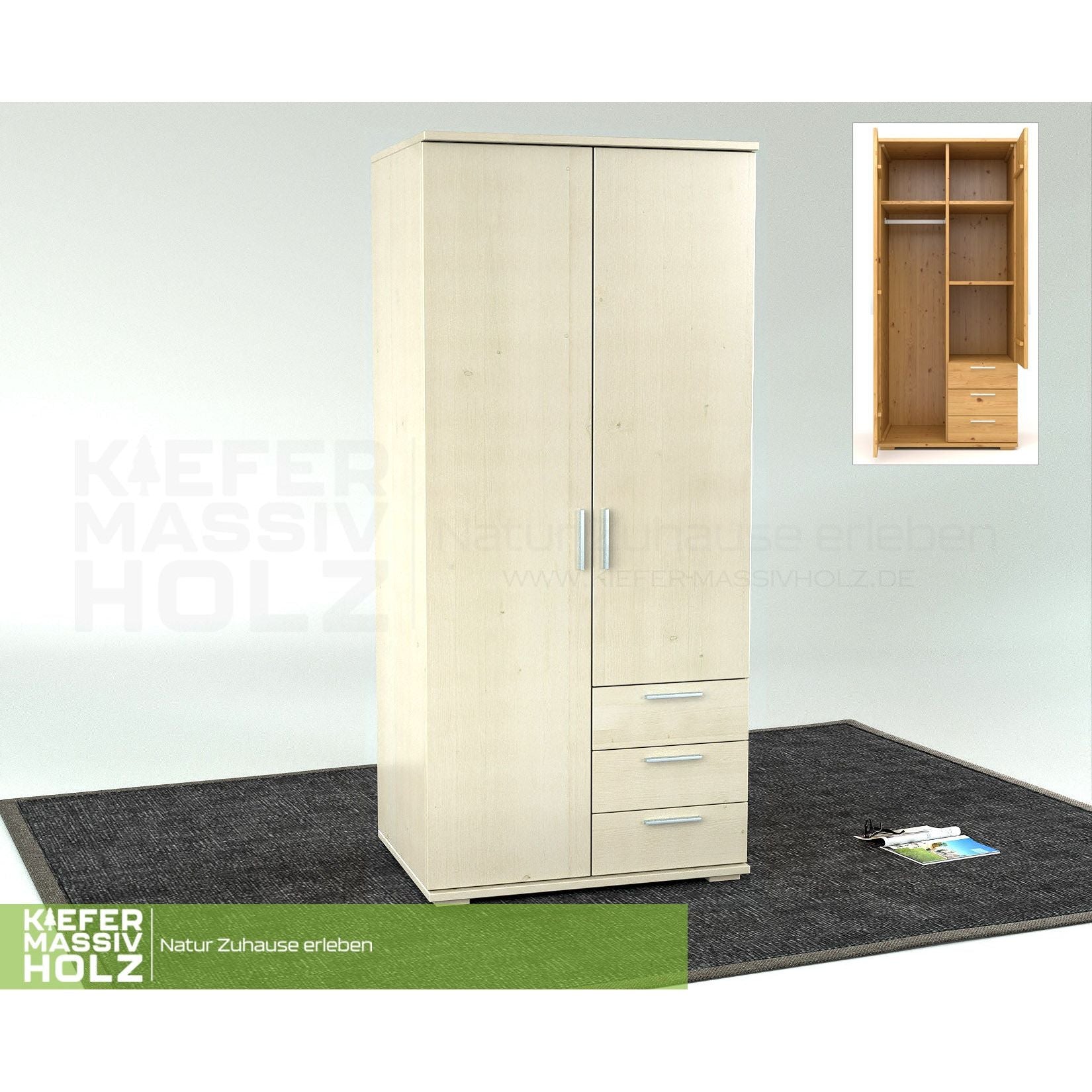 Nobis Kleiderschrank | 2-Türig mit Kleiderstange | 3-Schubladen | 100% Bio Kiefer Massivholz