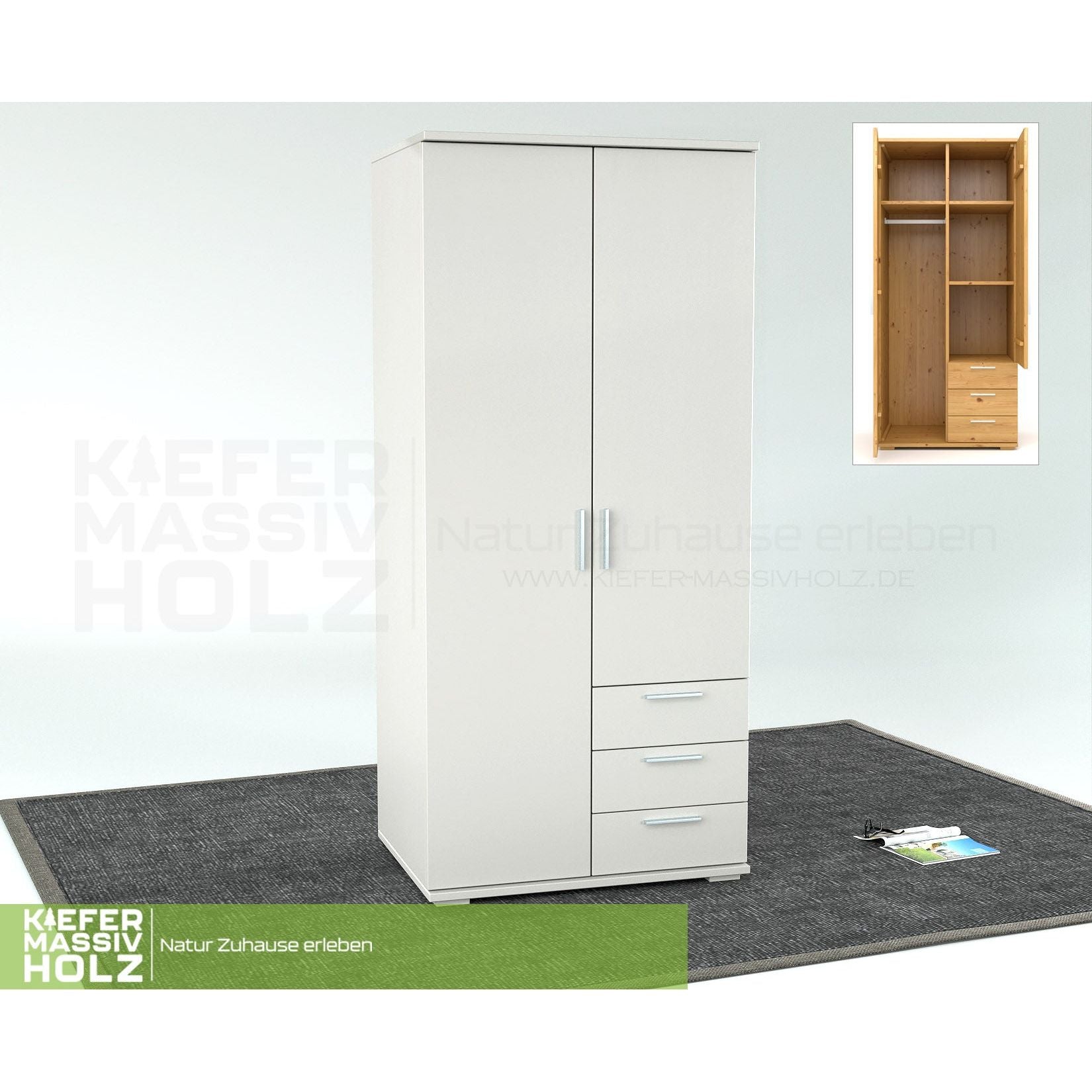 Nobis Kleiderschrank | 2-Türig mit Kleiderstange | 3-Schubladen | 100% Bio Kiefer Massivholz