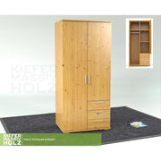 Nobis Kleiderschrank | 2-Türig mit Kleiderstange | 3-Schubladen | 100% Bio Kiefer Massivholz