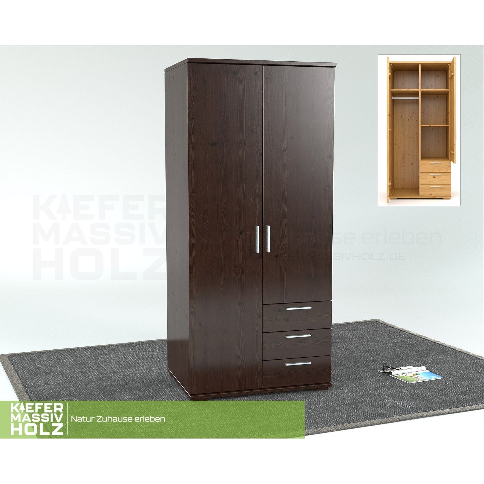 Nobis Kleiderschrank | 2-Türig mit Kleiderstange | 3-Schubladen | 100% Bio Kiefer Massivholz