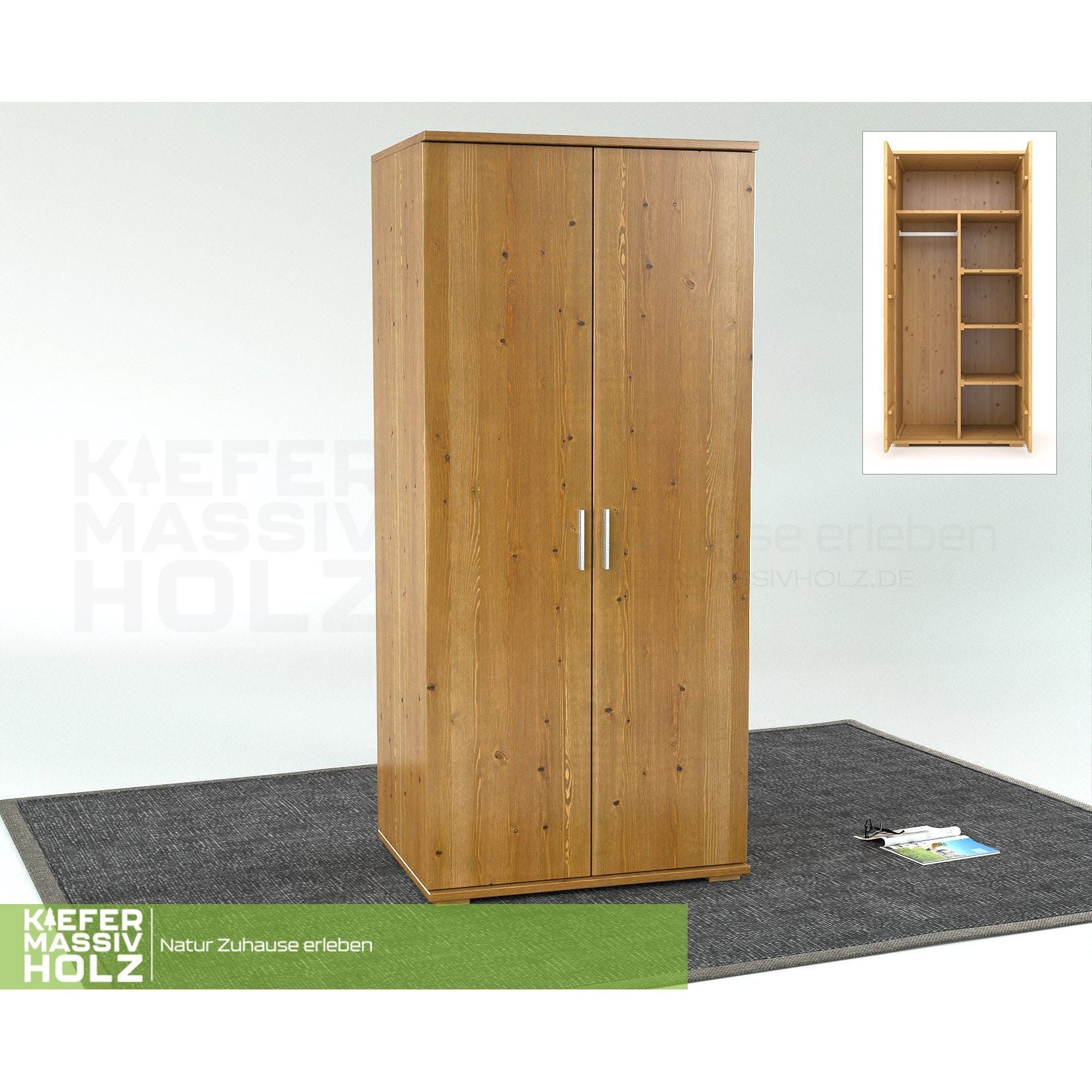 Nobis Kleiderschrank | 2-Türig mit Kleiderstange und Regale | 100% Bio Kiefer Massivholz