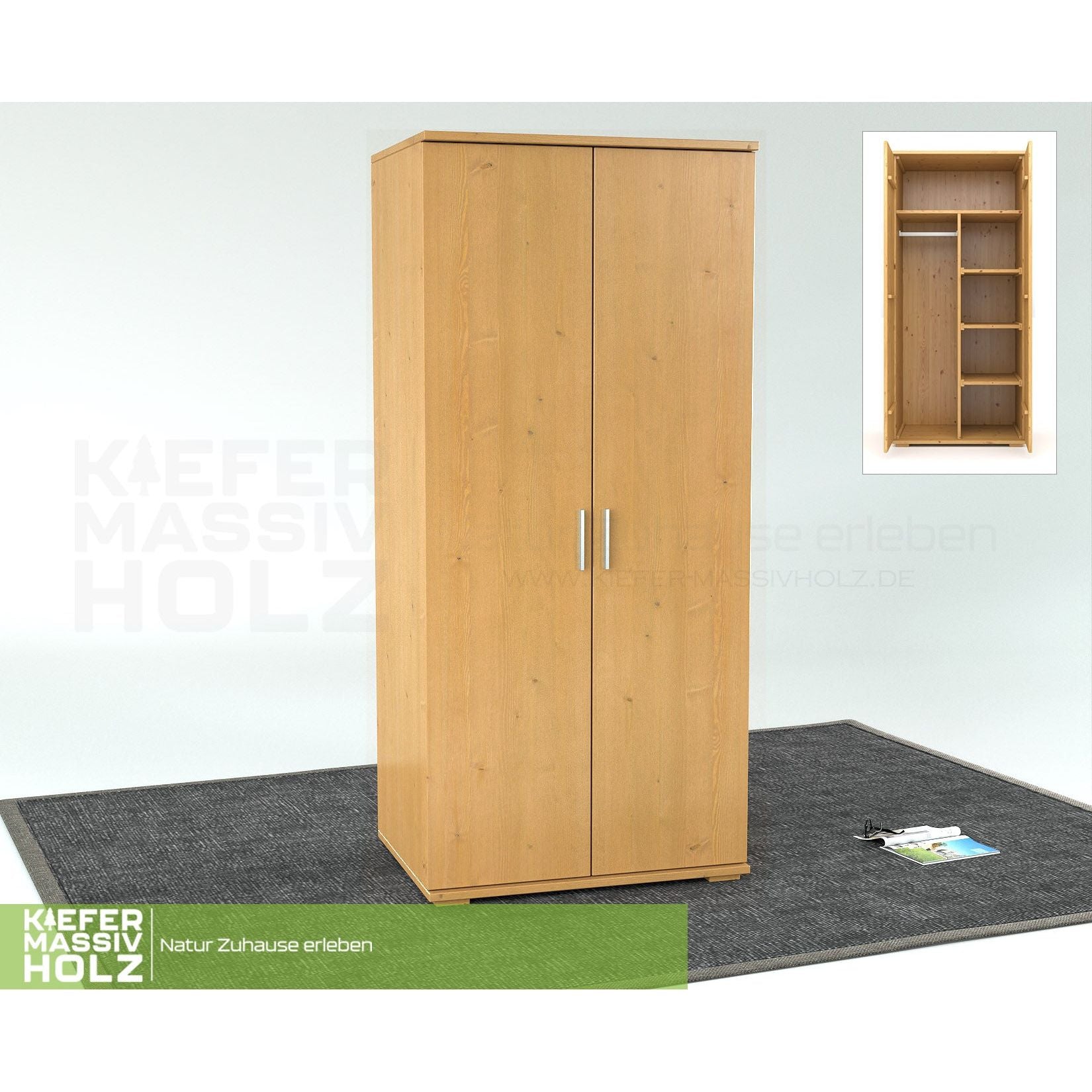 Nobis Kleiderschrank | 2-Türig mit Kleiderstange und Regale | 100% Bio Kiefer Massivholz