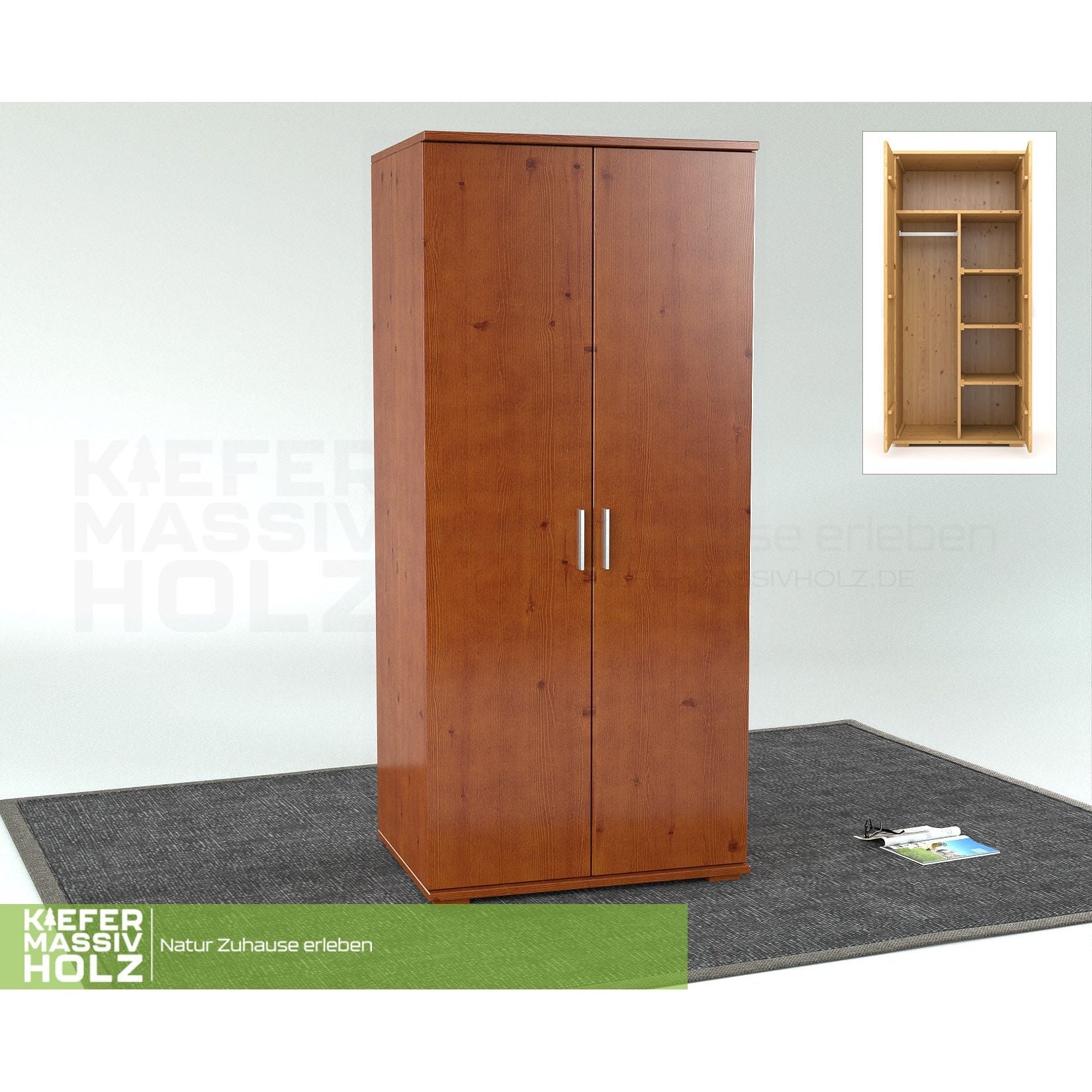 Nobis Kleiderschrank | 2-Türig mit Kleiderstange und Regale | 100% Bio Kiefer Massivholz