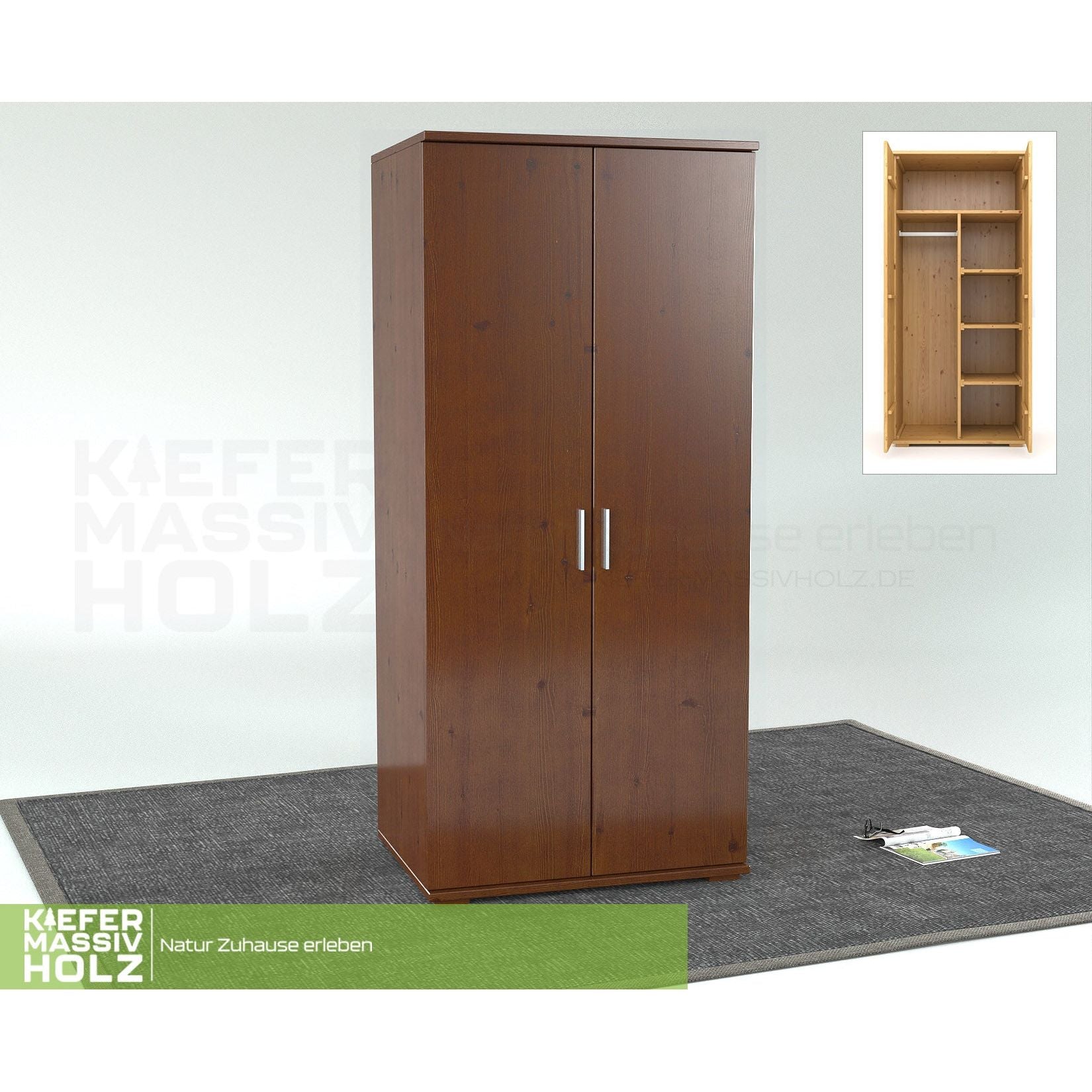 Nobis Kleiderschrank | 2-Türig mit Kleiderstange und Regale | 100% Bio Kiefer Massivholz