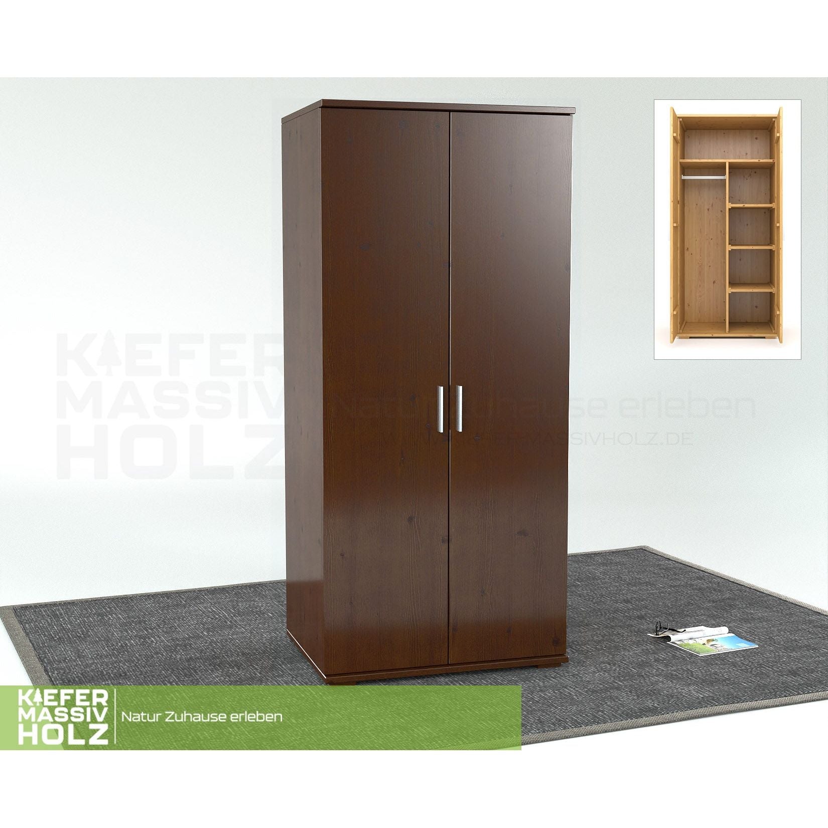 Nobis Kleiderschrank | 2-Türig mit Kleiderstange und Regale | 100% Bio Kiefer Massivholz