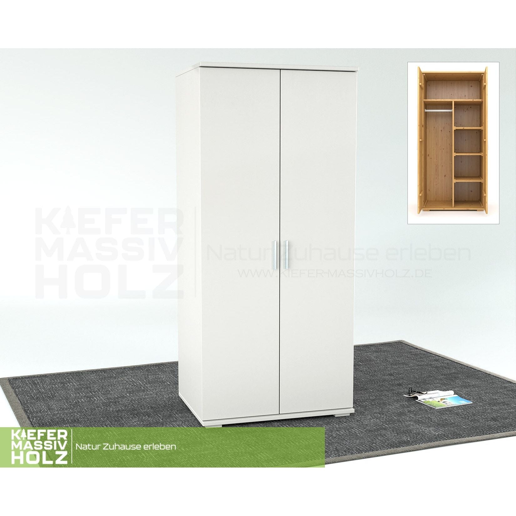 Nobis Kleiderschrank | 2-Türig mit Kleiderstange und Regale | 100% Bio Kiefer Massivholz