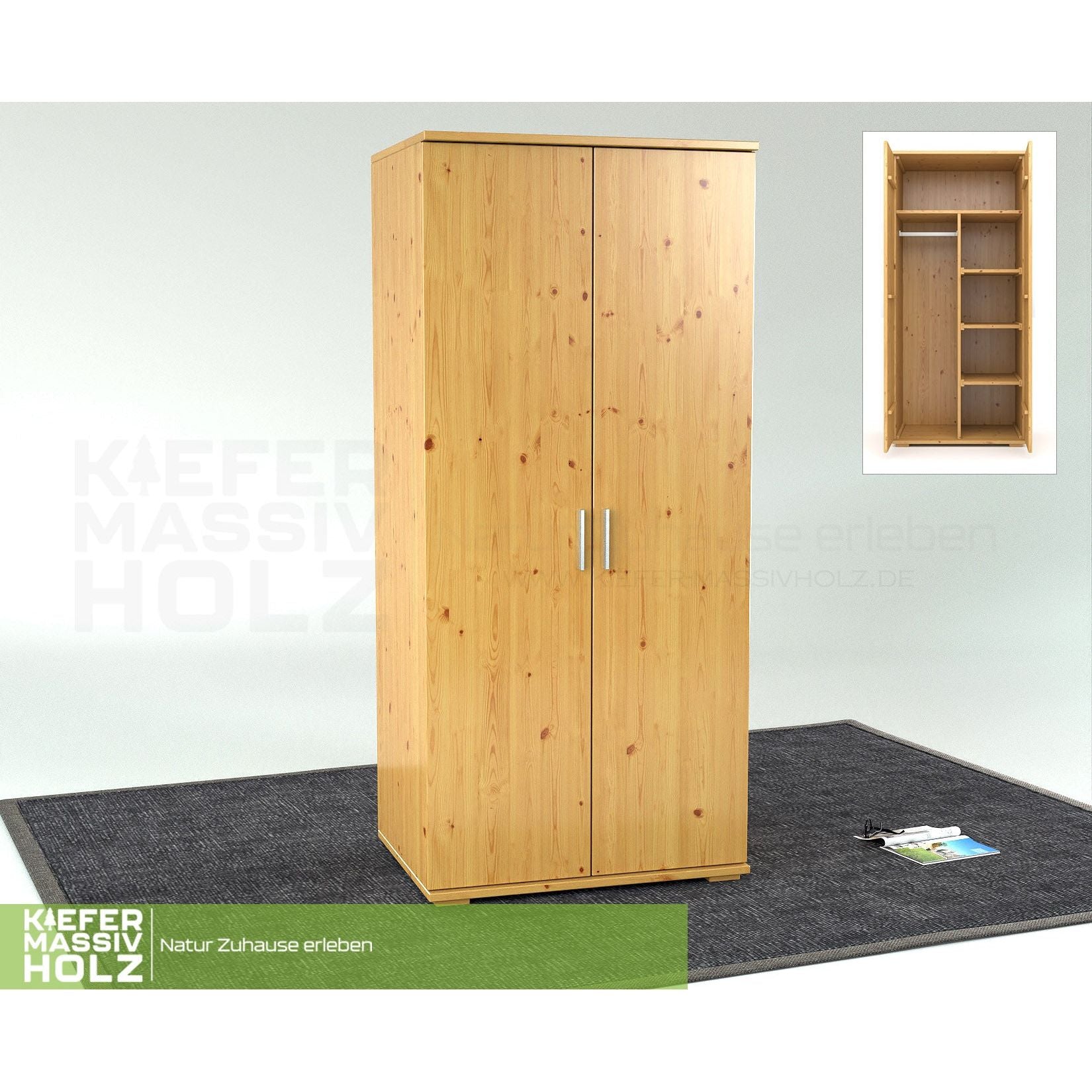 Nobis Kleiderschrank | 2-Türig mit Kleiderstange und Regale | 100% Bio Kiefer Massivholz