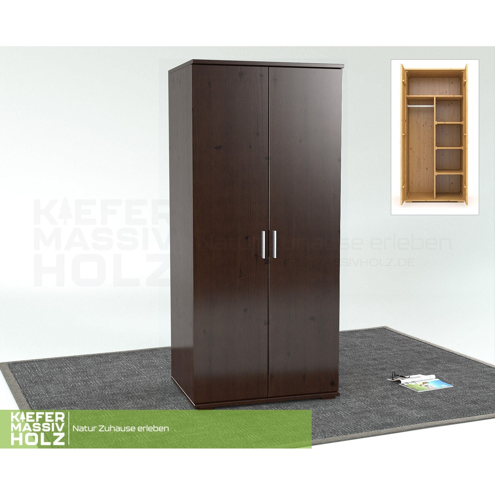 Nobis Kleiderschrank | 2-Türig mit Kleiderstange und Regale | 100% Bio Kiefer Massivholz