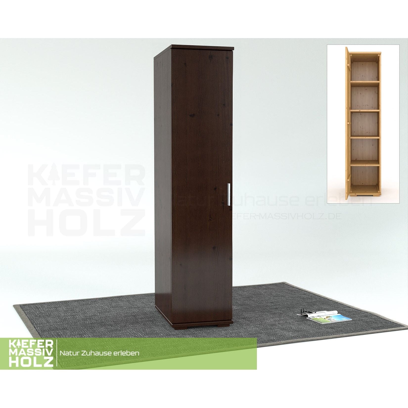 Nobis Kleiderschrank | 59 cm Tiefe 1-Türig mit Regale | 100% Bio Kiefer Massivholz