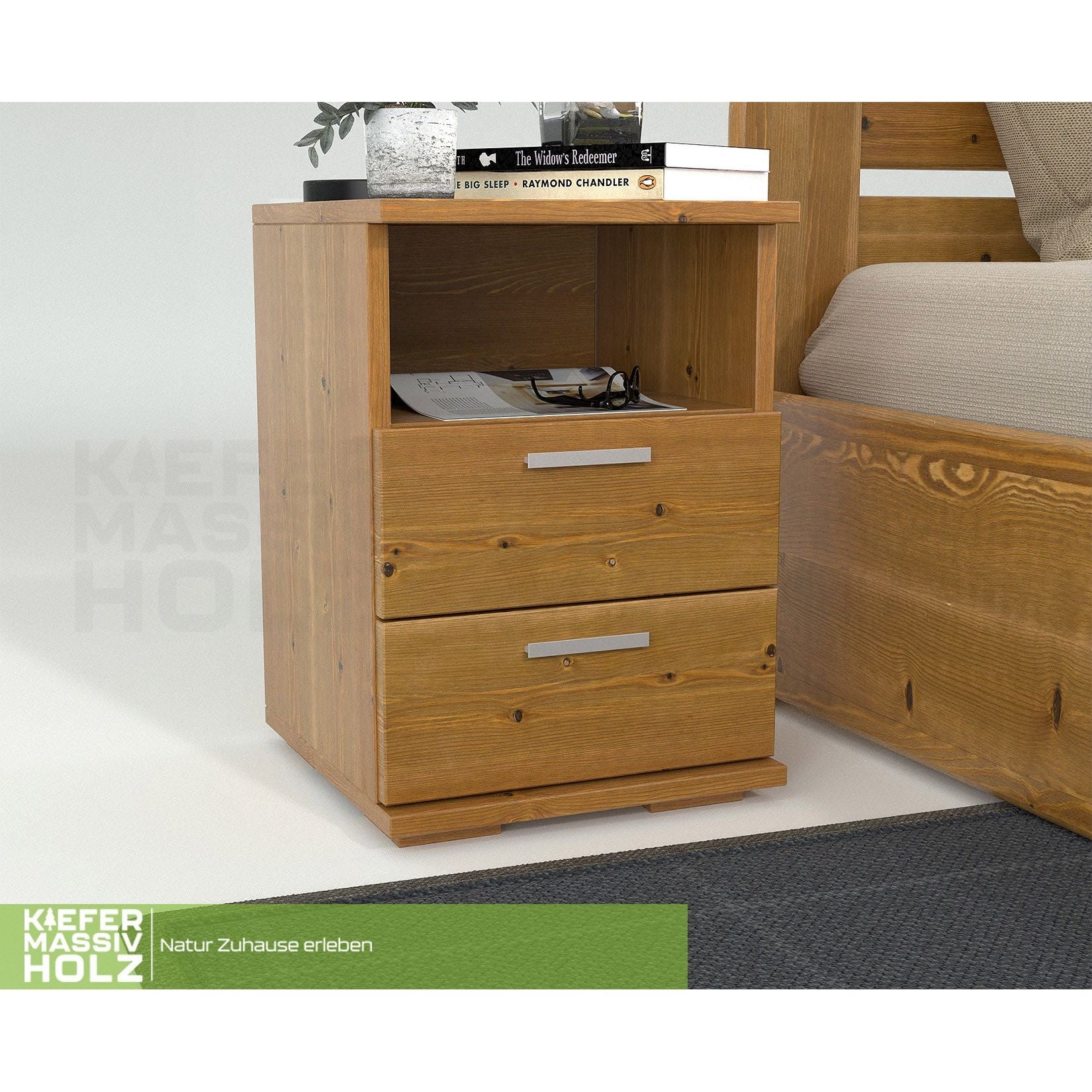 Nobis Kiefer Massivholz Nachttisch Nachtschrank | 2-Schubladen 1-Regal | 100% Bio Kiefer