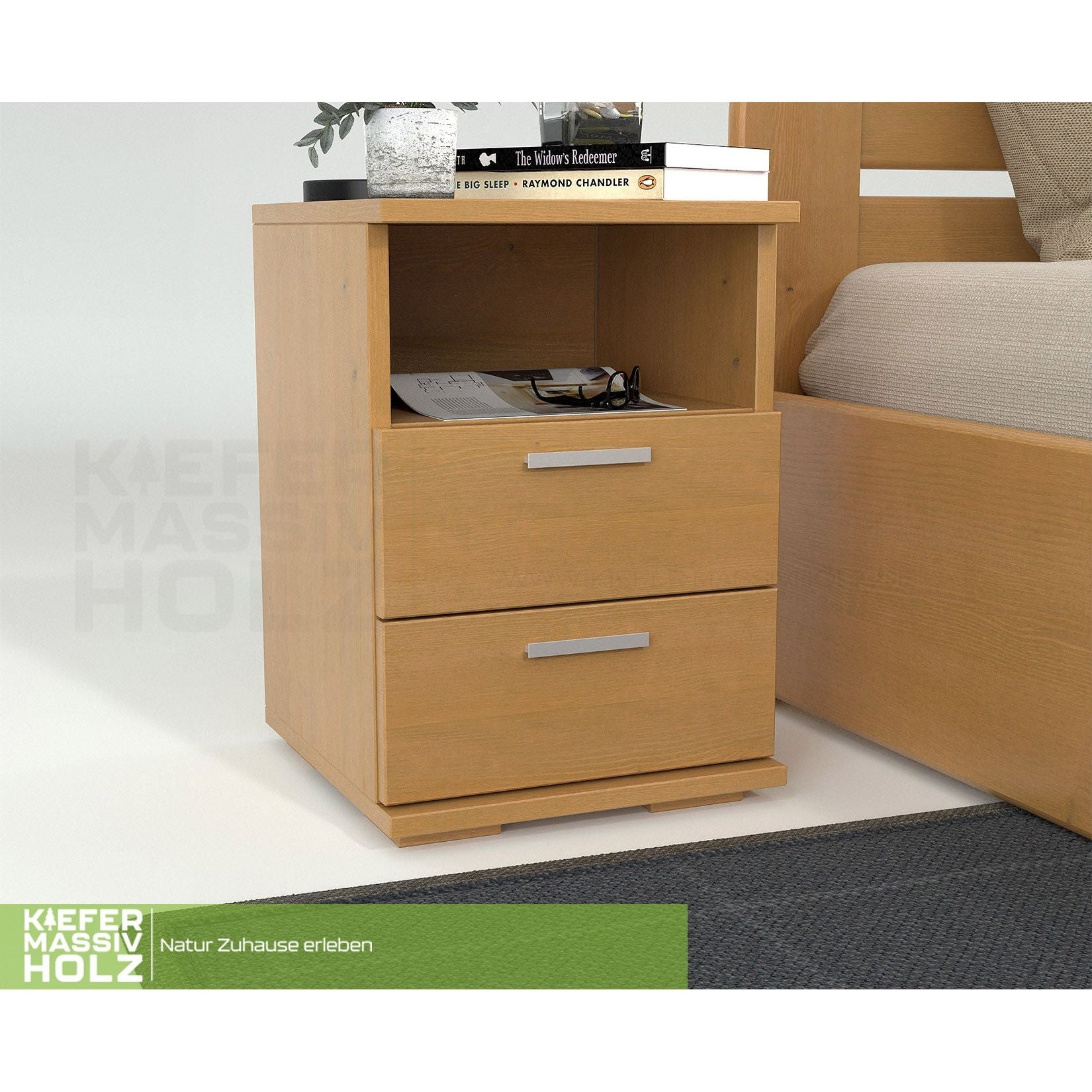 Nobis Kiefer Massivholz Nachttisch Nachtschrank | 2-Schubladen 1-Regal | 100% Bio Kiefer