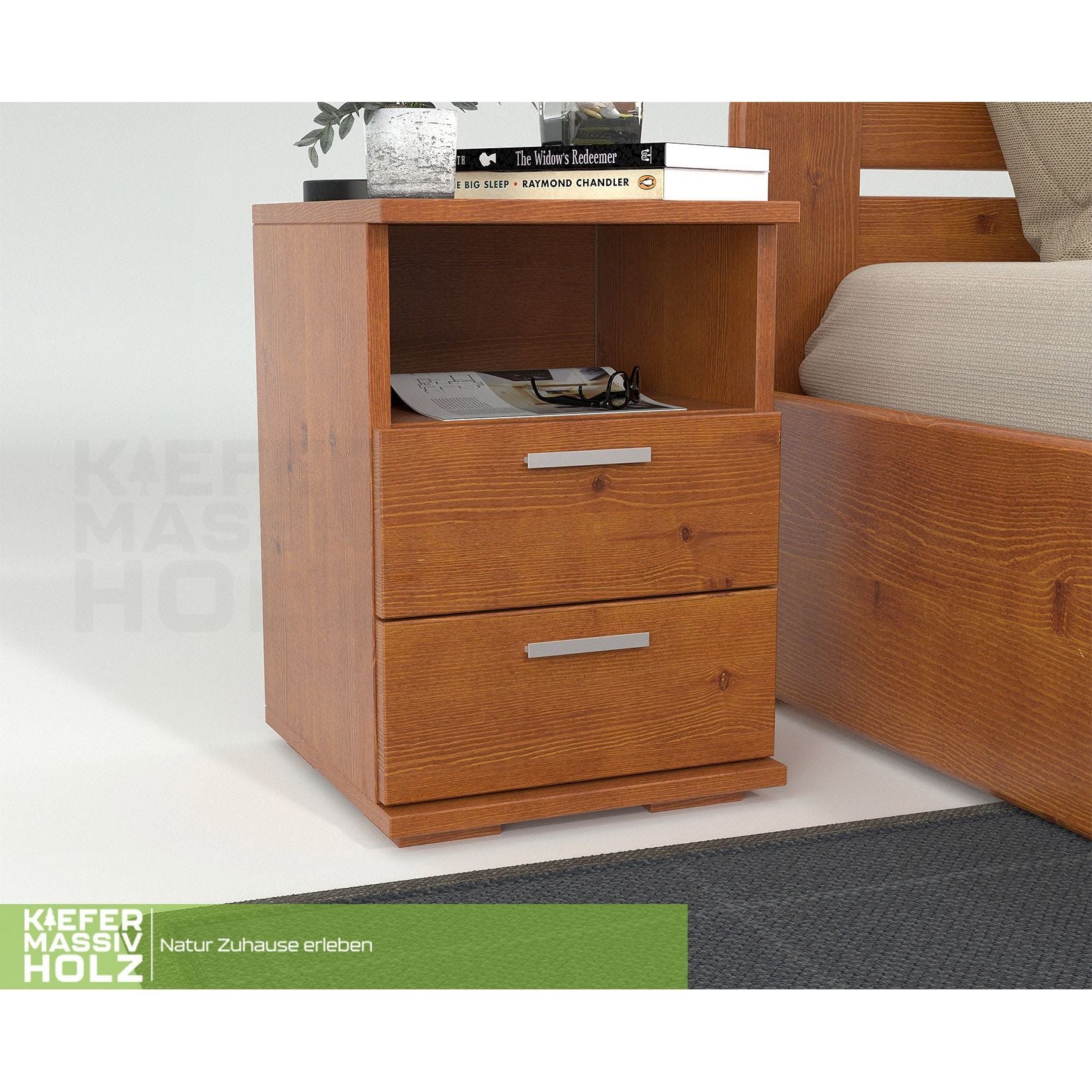Nobis Kiefer Massivholz Nachttisch Nachtschrank | 2-Schubladen 1-Regal | 100% Bio Kiefer