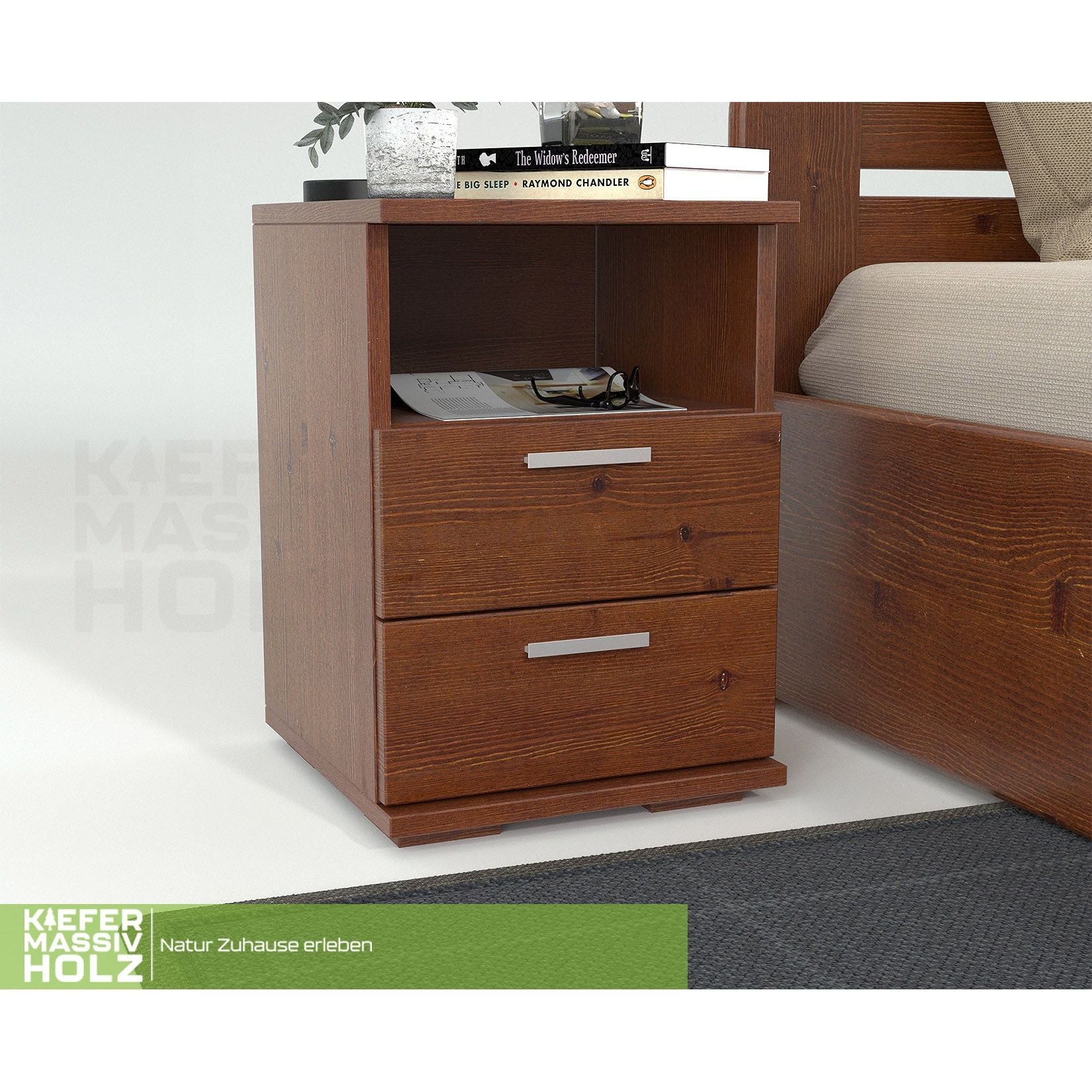 Nobis Kiefer Massivholz Nachttisch Nachtschrank | 2-Schubladen 1-Regal | 100% Bio Kiefer