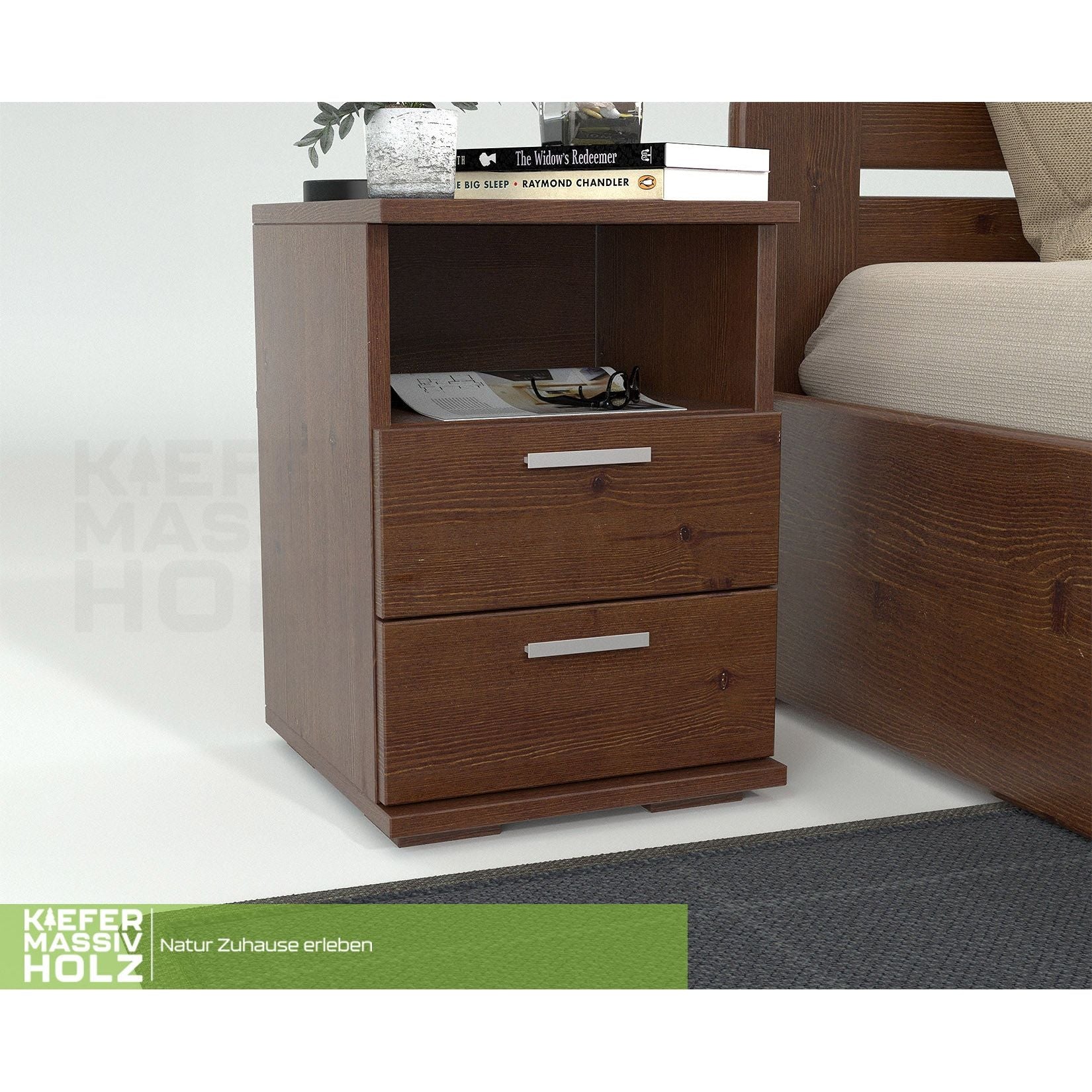 Nobis Kiefer Massivholz Nachttisch Nachtschrank | 2-Schubladen 1-Regal | 100% Bio Kiefer