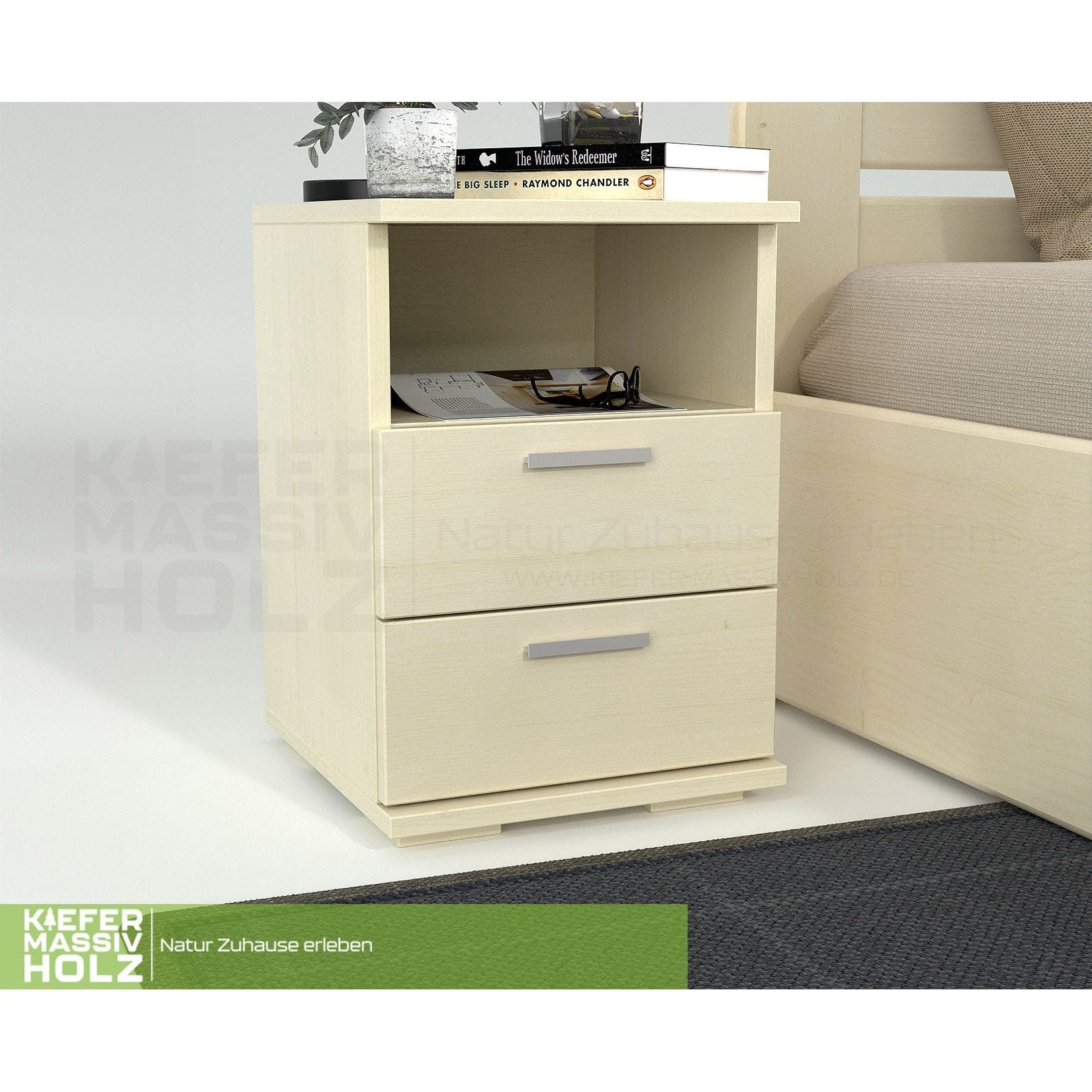 Nobis Kiefer Massivholz Nachttisch Nachtschrank | 2-Schubladen 1-Regal | 100% Bio Kiefer
