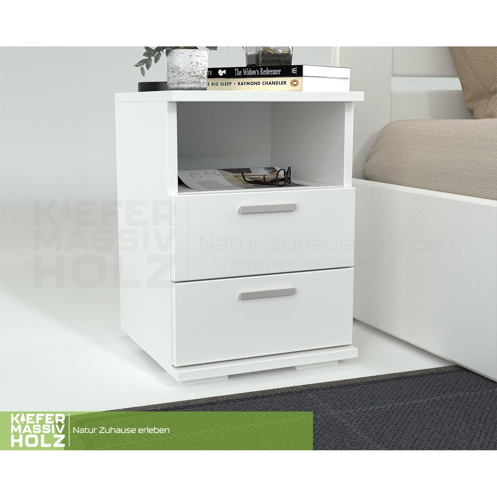 Nobis Kiefer Massivholz Nachttisch Nachtschrank | 2-Schubladen 1-Regal | 100% Bio Kiefer