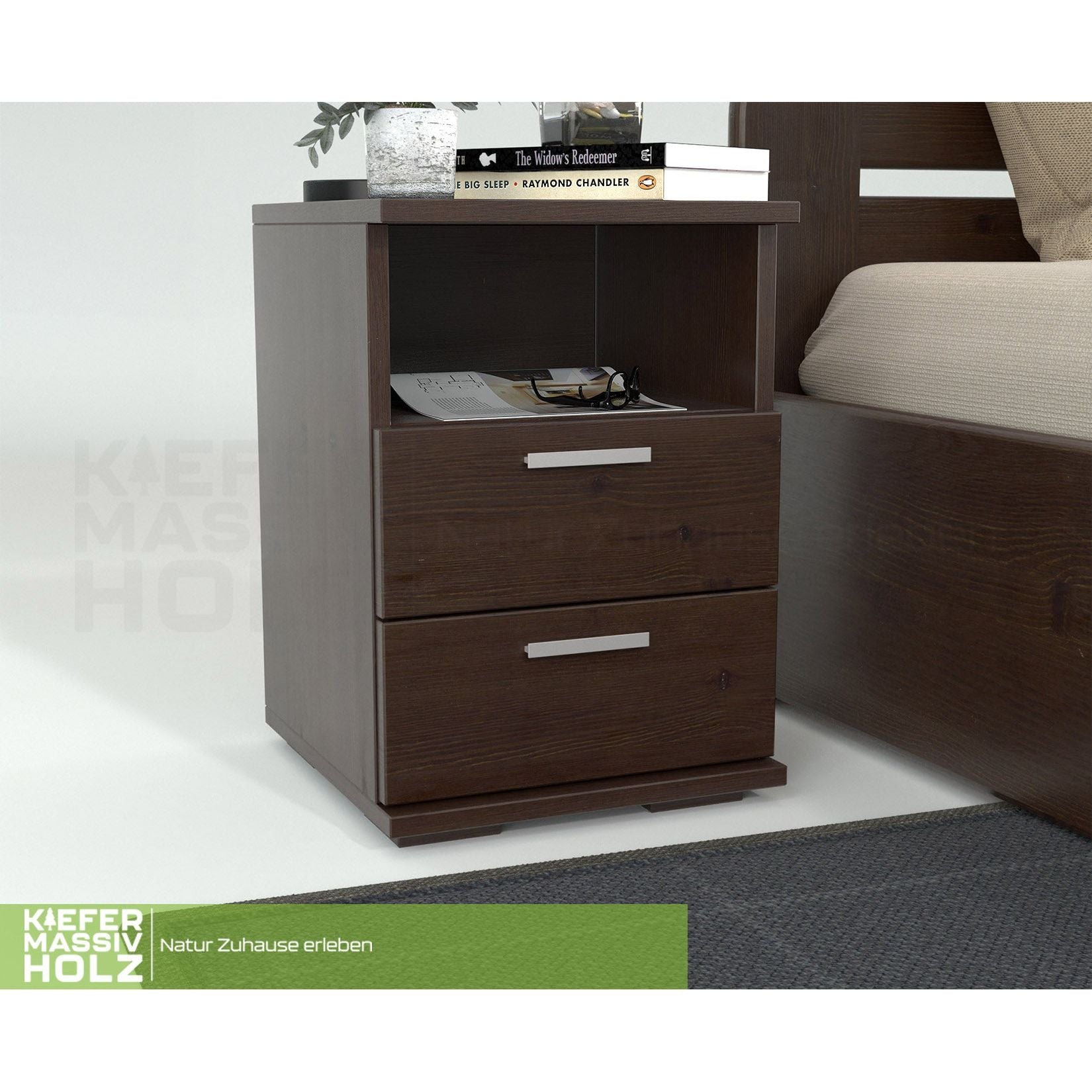 Nobis Kiefer Massivholz Nachttisch Nachtschrank | 2-Schubladen 1-Regal | 100% Bio Kiefer