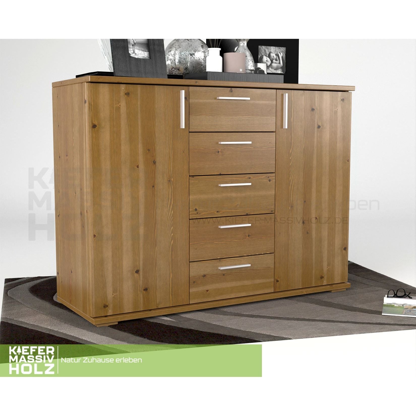 Nobis Kommode Sideboard 120-er | Anrichte | 5-Schubladen | 2-Türig | 100% Bio Kiefer Massivholz