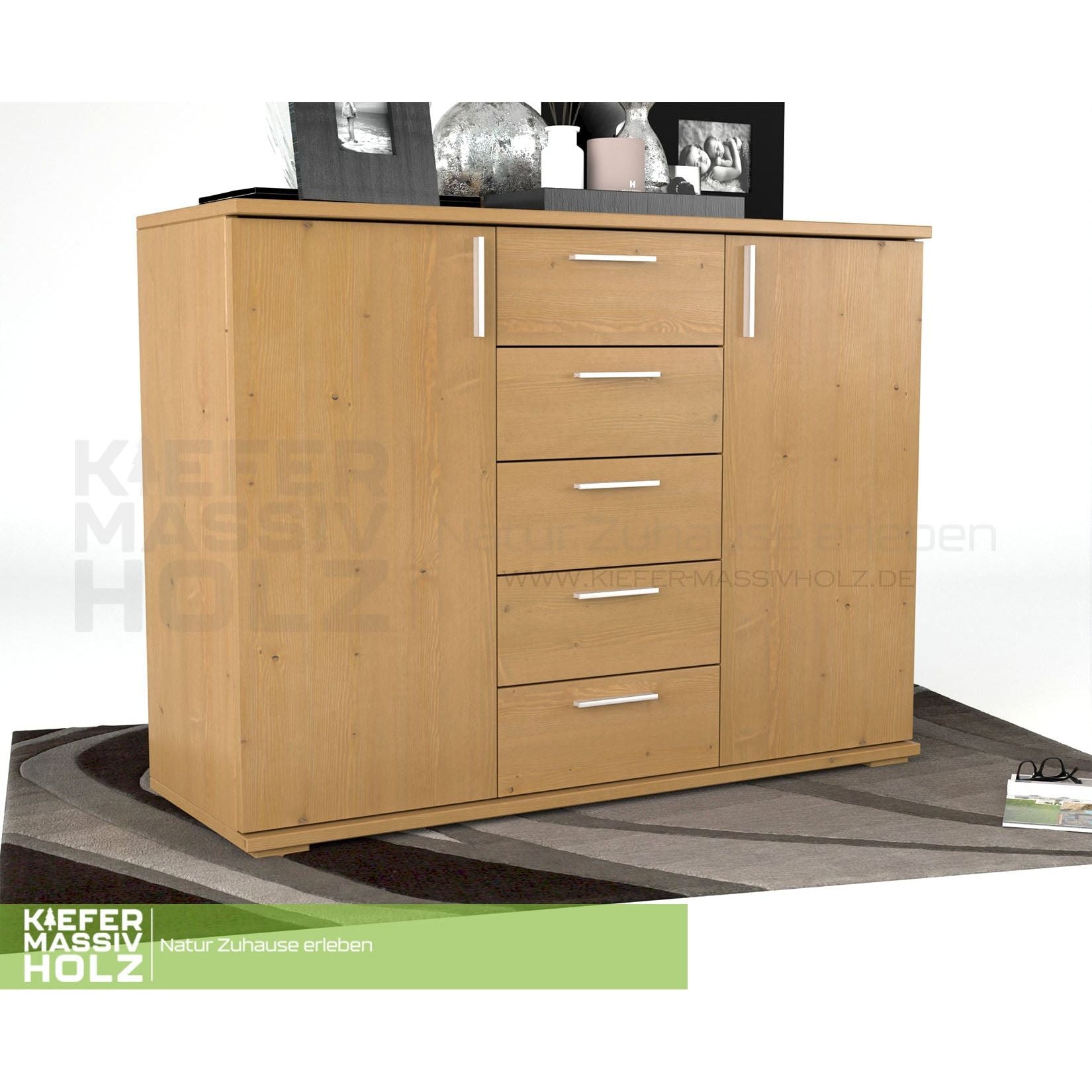 Nobis Kommode Sideboard 120-er | Anrichte | 5-Schubladen | 2-Türig | 100% Bio Kiefer Massivholz