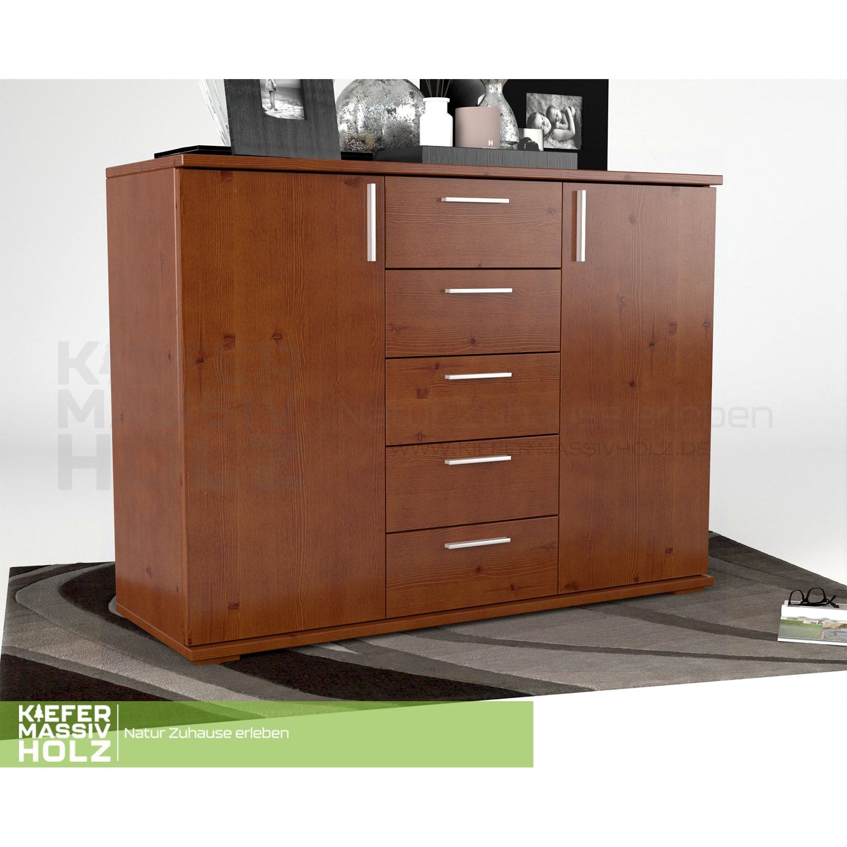 Nobis Kommode Sideboard 120-er | Anrichte | 5-Schubladen | 2-Türig | 100% Bio Kiefer Massivholz