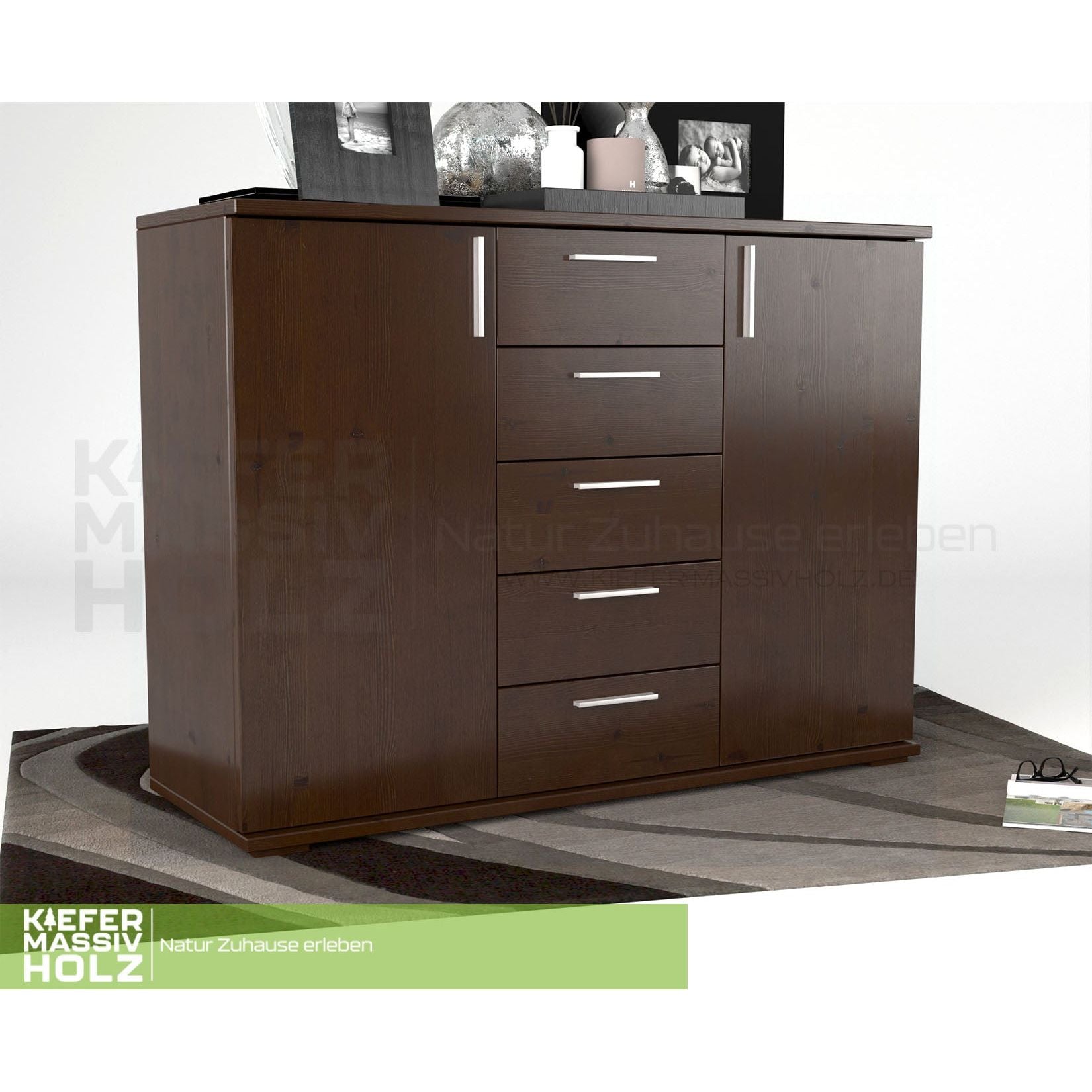 Nobis Kommode Sideboard 120-er | Anrichte | 5-Schubladen | 2-Türig | 100% Bio Kiefer Massivholz