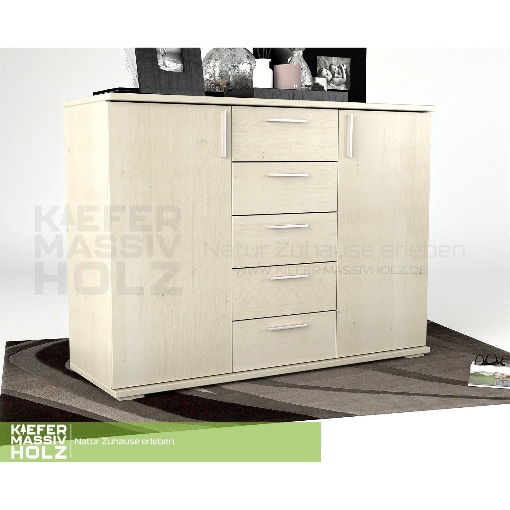 Nobis Kommode Sideboard 120-er | Anrichte | 5-Schubladen | 2-Türig | 100% Bio Kiefer Massivholz