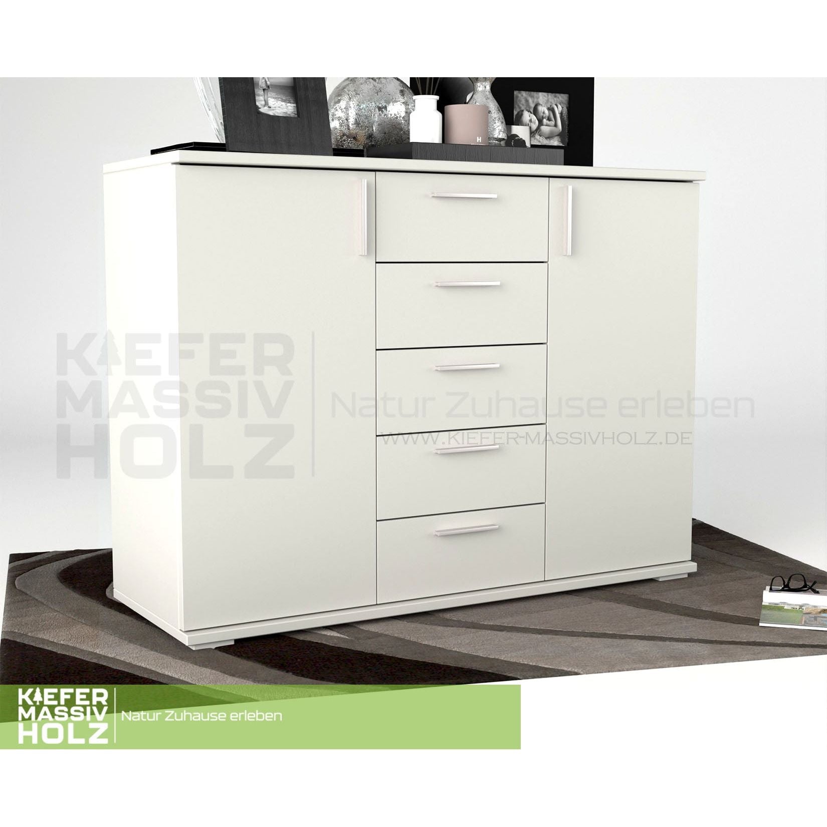 Nobis Kommode Sideboard 120-er | Anrichte | 5-Schubladen | 2-Türig | 100% Bio Kiefer Massivholz